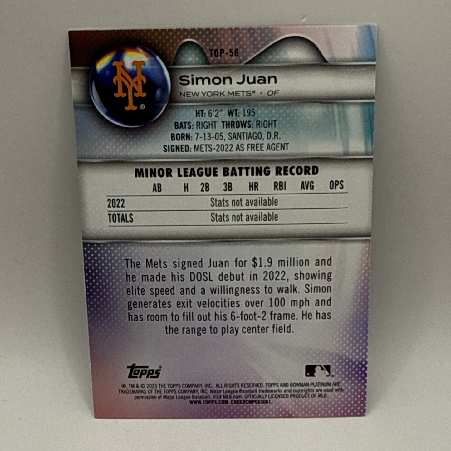 2023 Bowman Platinum SIMON JUAN GREEN ICE PARALLEL METS /99 TBP-56 RC