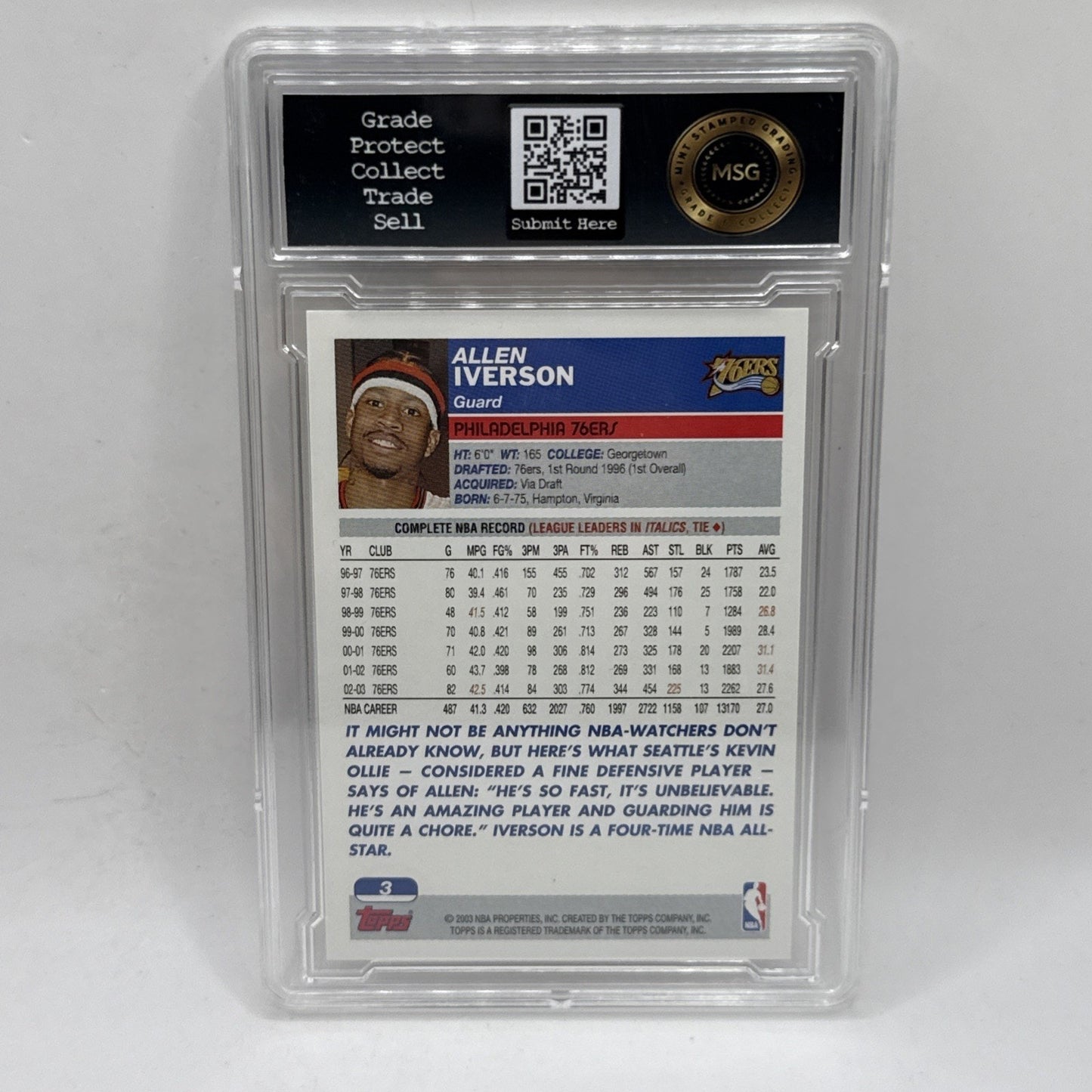 2003-04 Topps Philadelphia 76ers Basketball Card #3 Allen Iverson Graded 9 NBA