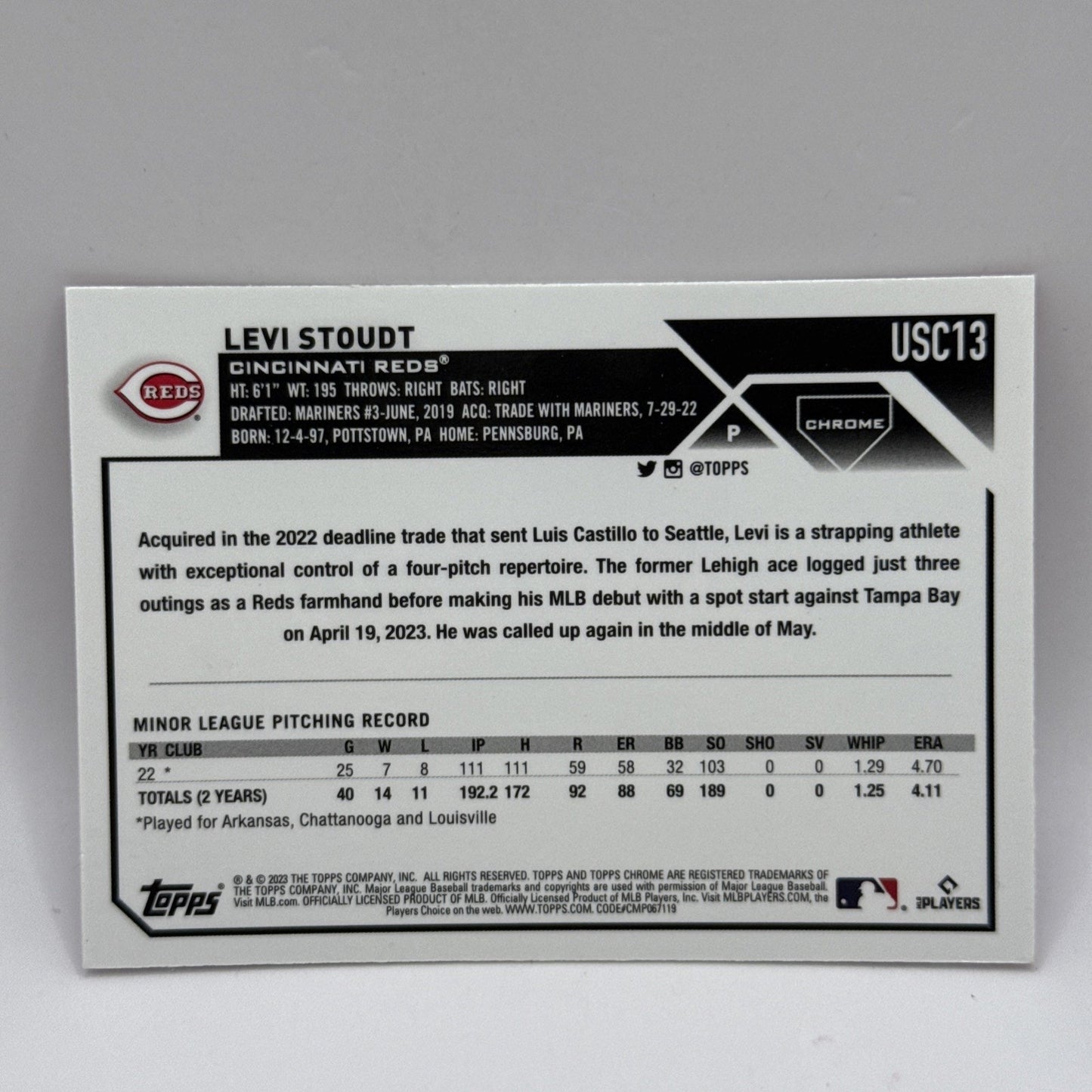 2023 Topps Chrome Update Baseball Levi Stoudt /399 RC Rookie Pink Refractor