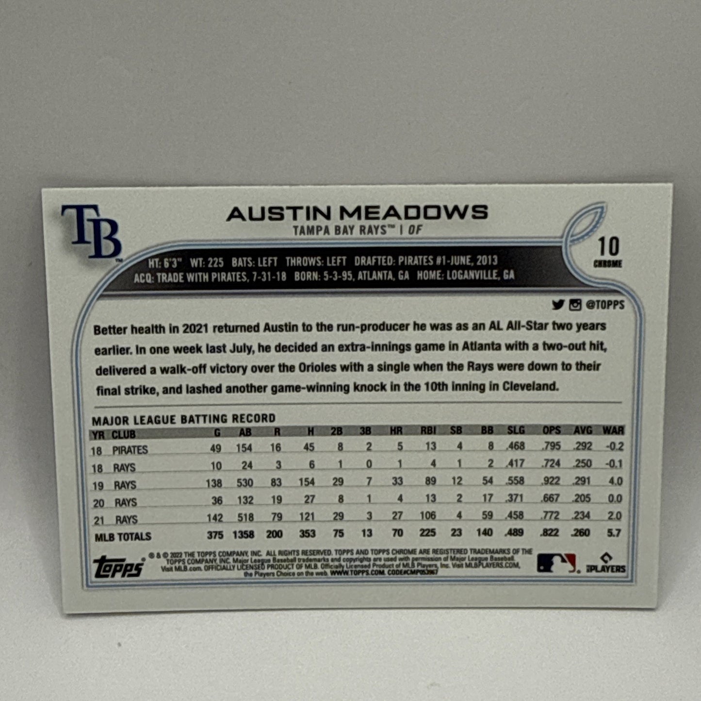 2022 #10 Austin Meadows Topps Chrome Baseball X-Fractor Tampa Bay Rays