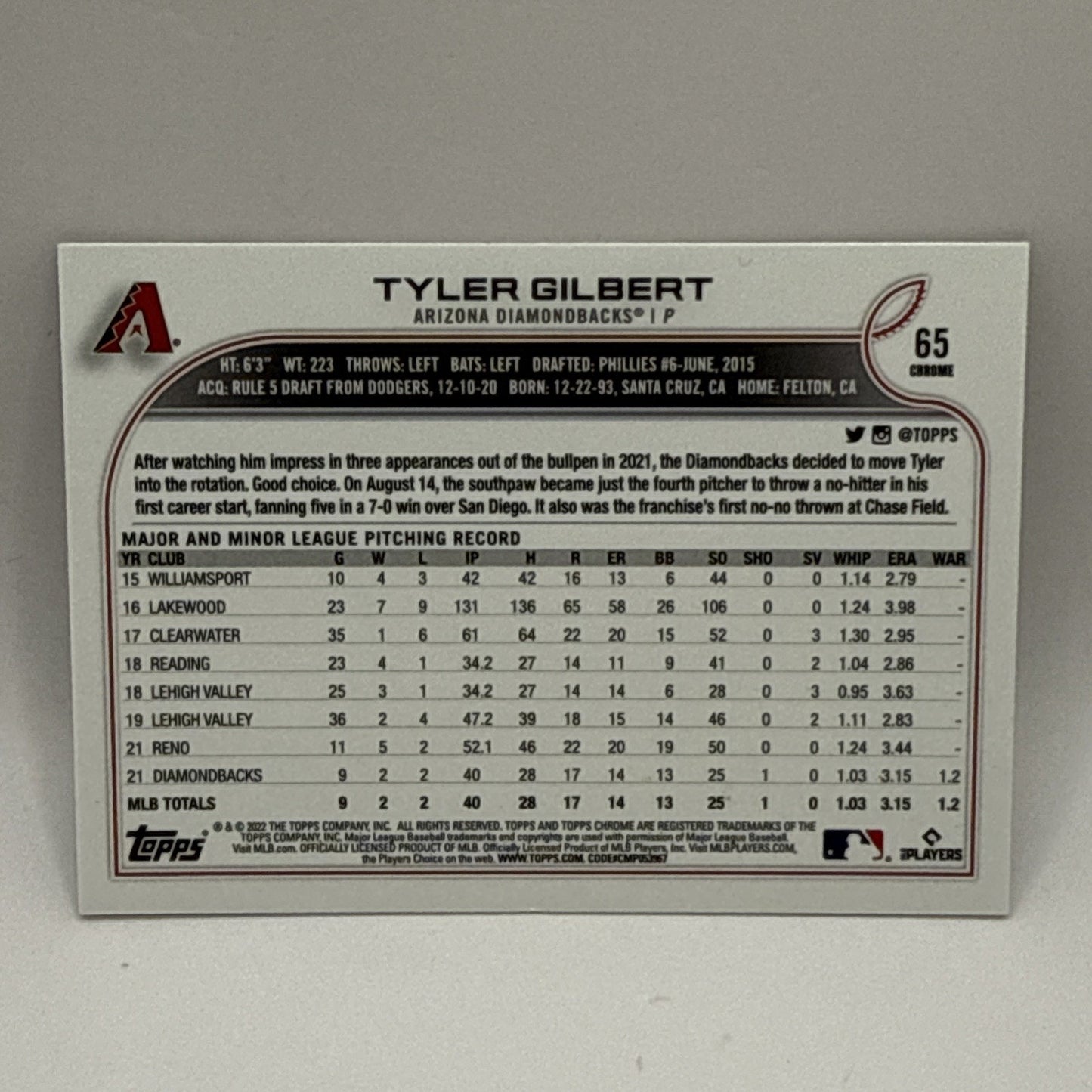 2022 Topps Chrome Silver Refractor #65 Tyler Gilbert RC Arizona Diamondbacks