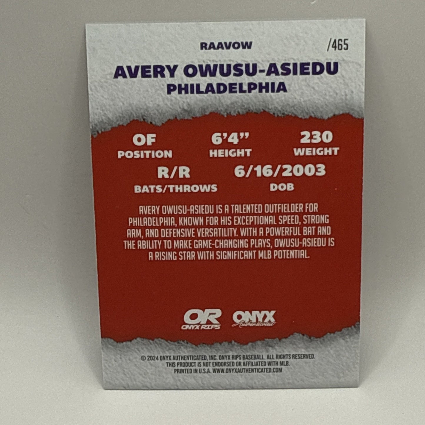 2024 Onyx Rips Baseball Avery Owusu-Asiedu Autograph /465 Philadelphia Phillies