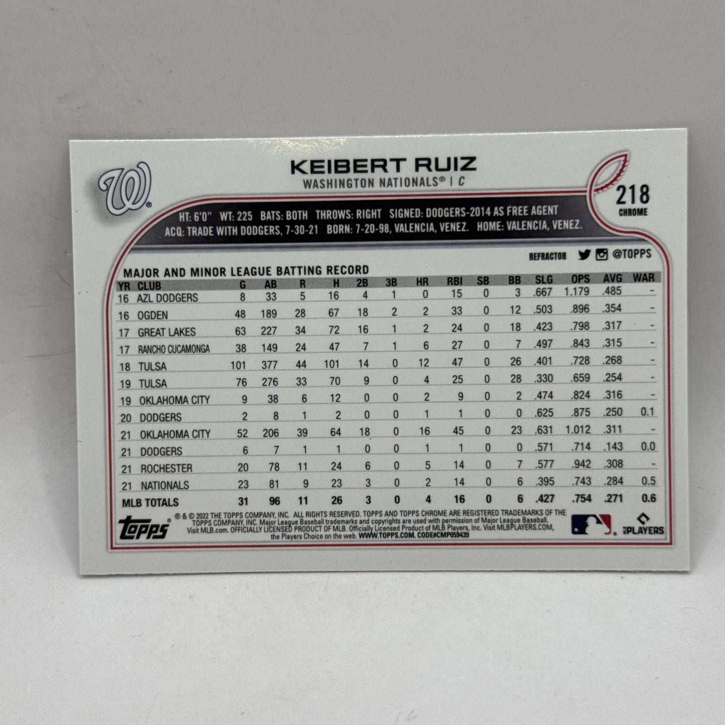 Keibert Ruiz Sepia Refractor 2022 Topps Chrome# 218 Washington Nationals MLB