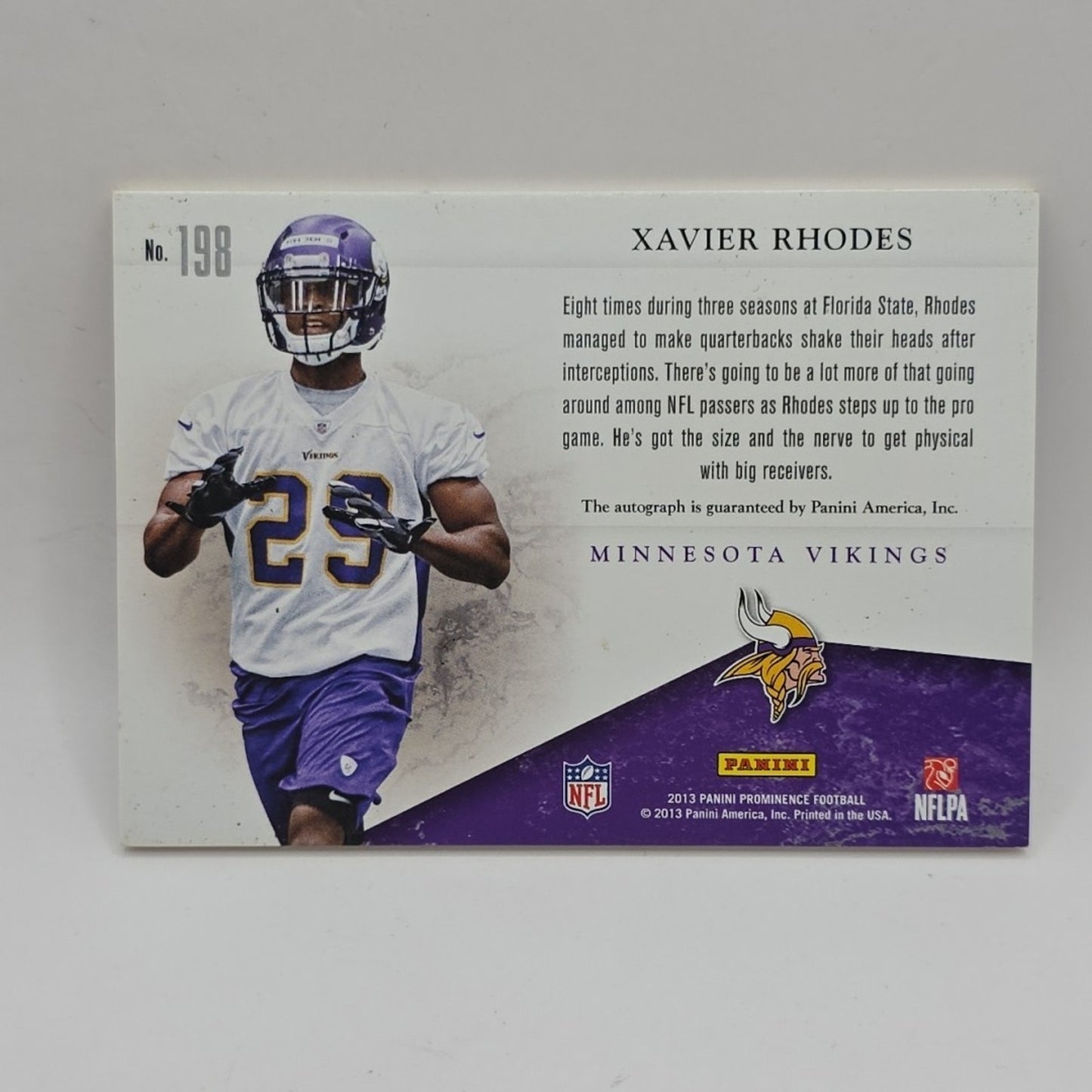 2013 Panini Prominence Helmet Signatures /102 Xavier Rhodes #198 Rookie Auto RC