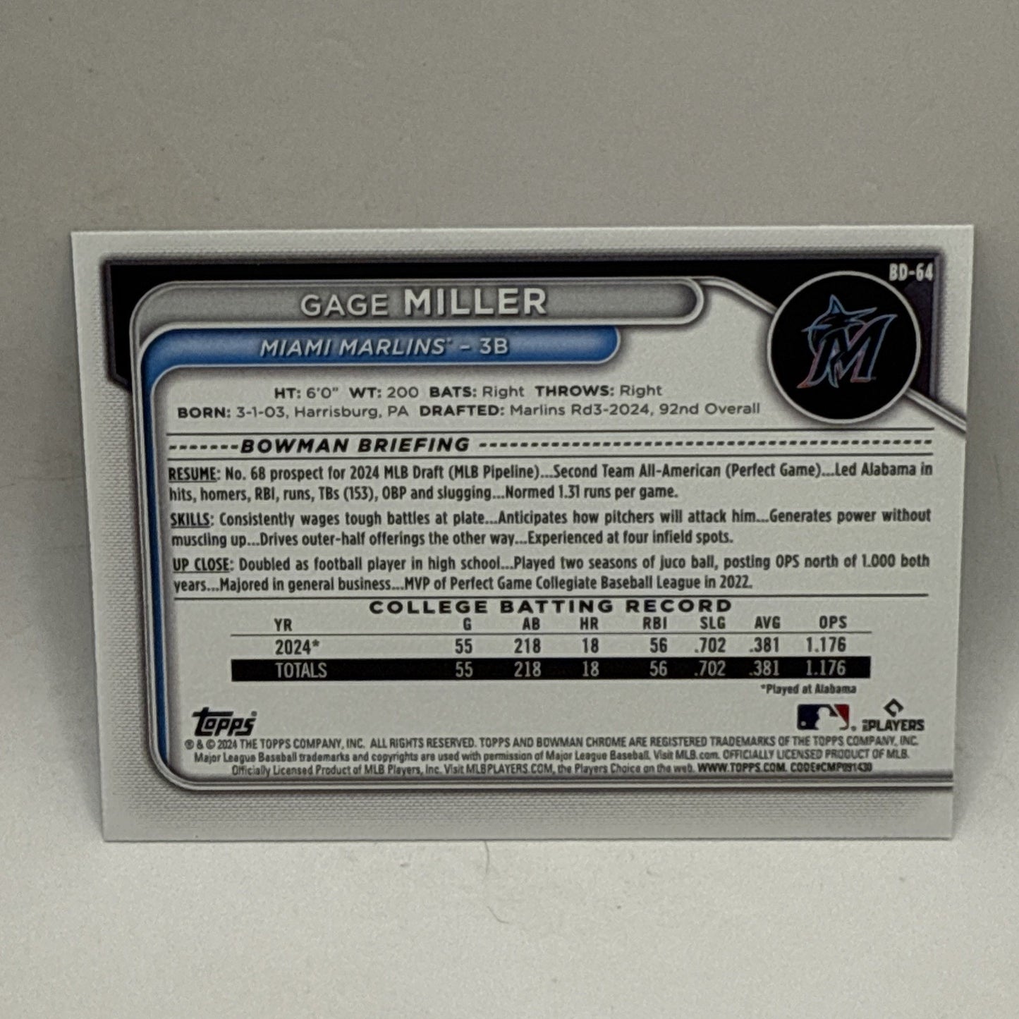 Gage Miller 2024 Bowman Draft 1st Aqua Boarder Prospect /499 #BP-64 Marlins