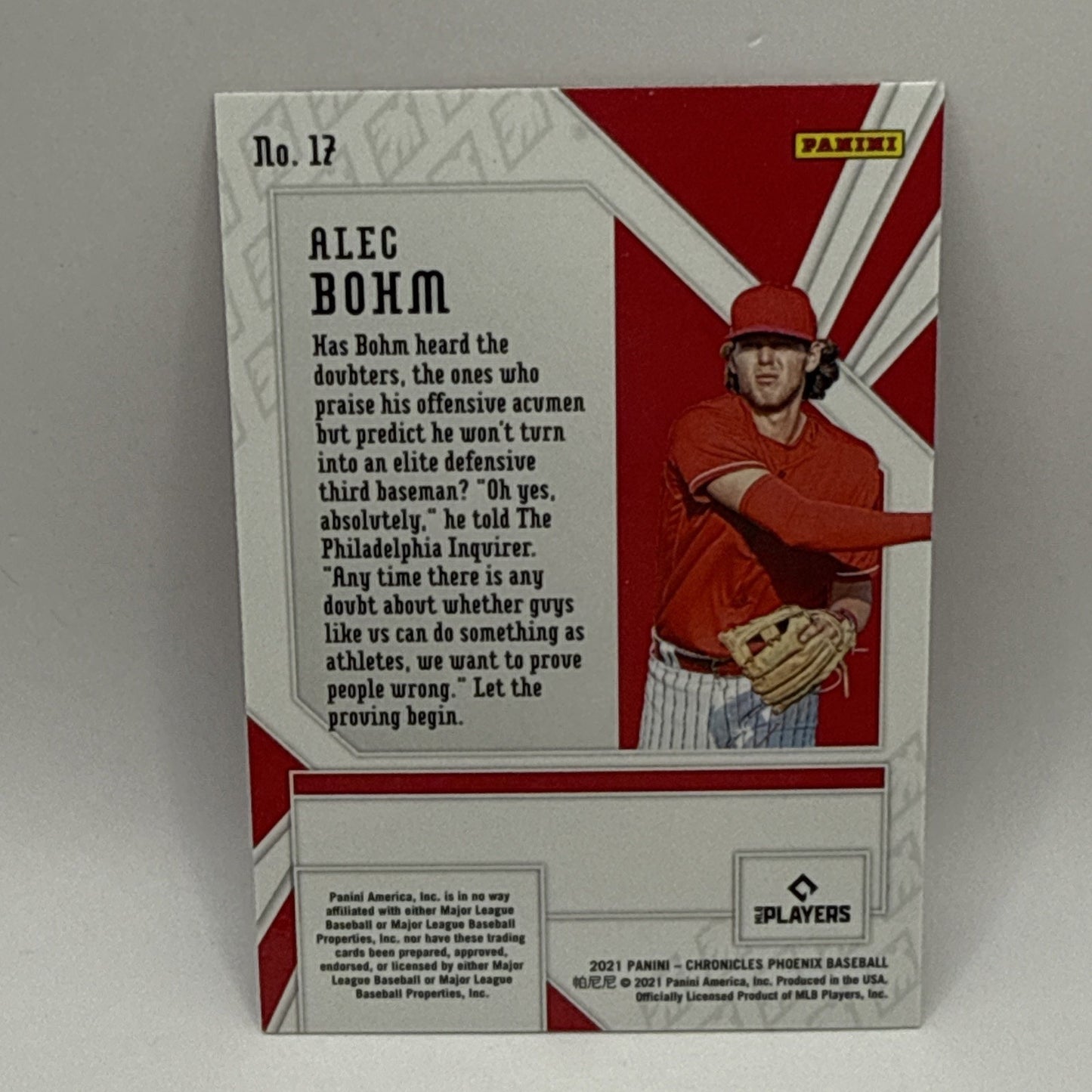 Alec Bohm RC 2021 Panini Chronicles Phoenix Purple Velocity No. 17