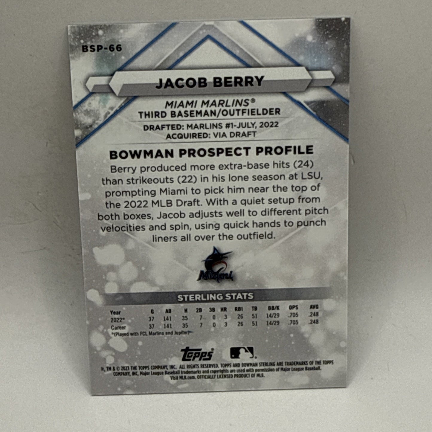 2023 BOWMAN STERLING SILVER REFRACTOR JACOB BERRY /100 MARLINS