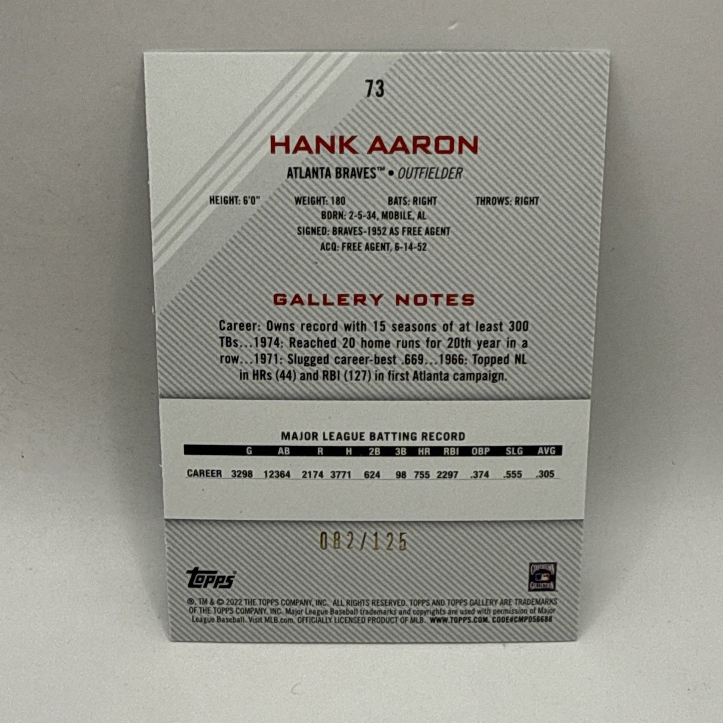 2022 Topps Gallery Baseball No 73 Hank Aaron SP /125 Green MLB Atlanta Braves