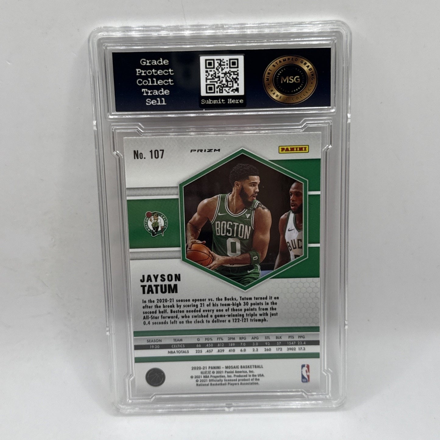 2020-21 Panini Mosaic Jayson Tatum Pink Prizm Variation No. 107 Graded 9 Mint