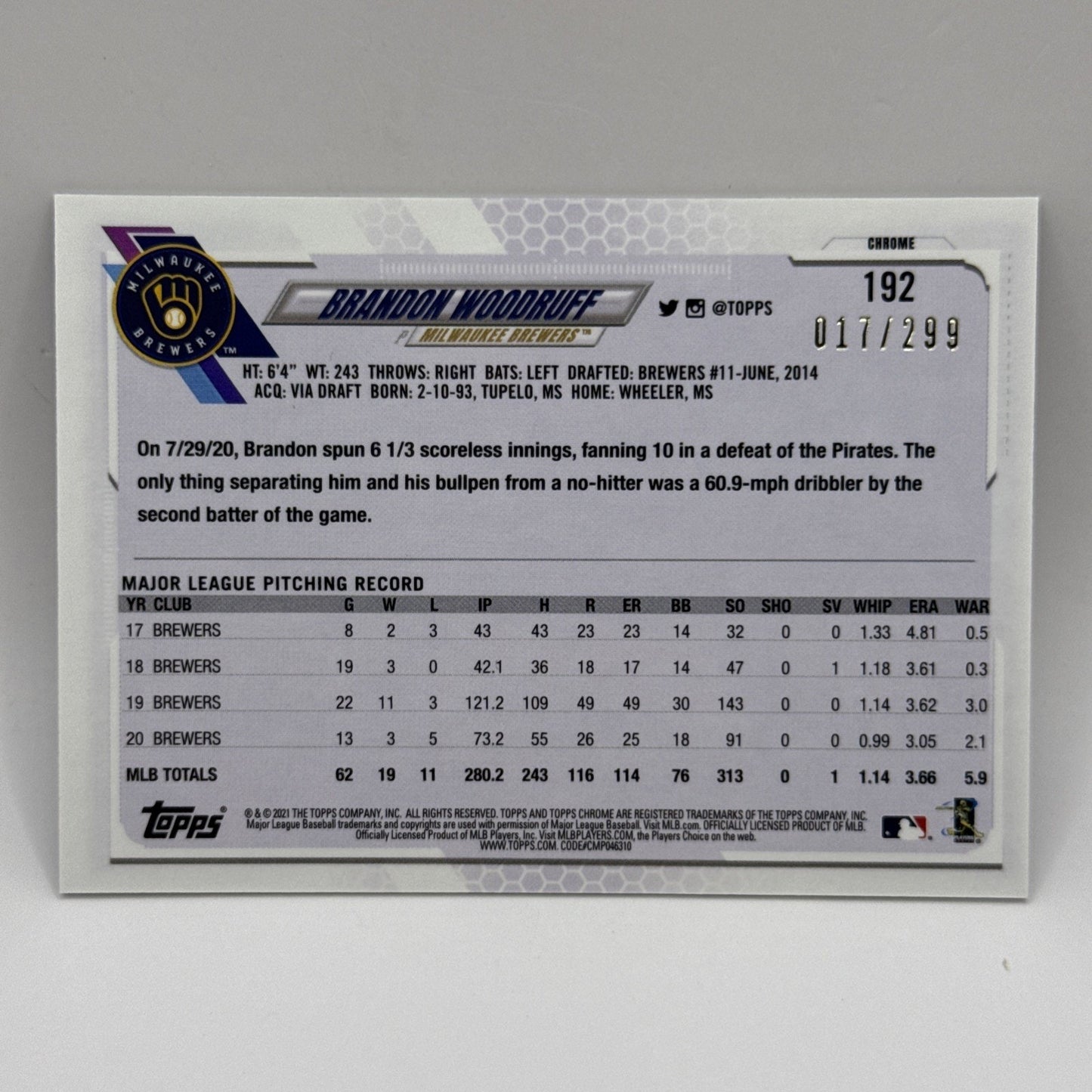 2021 Topps Chrome Brandon Woodruff (Brewers) Purple Refractor /299 Card No. 192