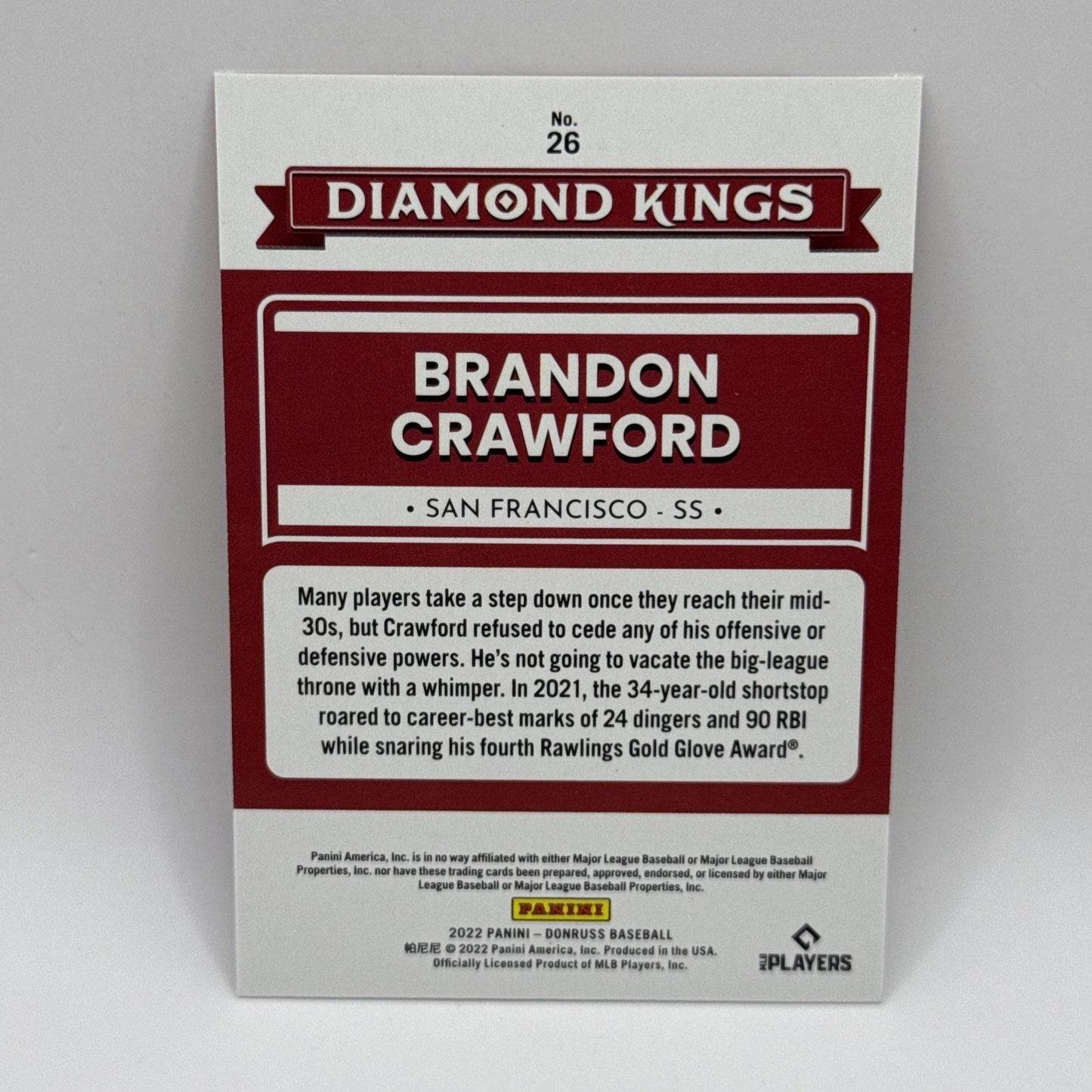BRANDON CRAWFORD 2022 PANINI DONRUSS DIAMOND KINGS RED CARD #26 /2022