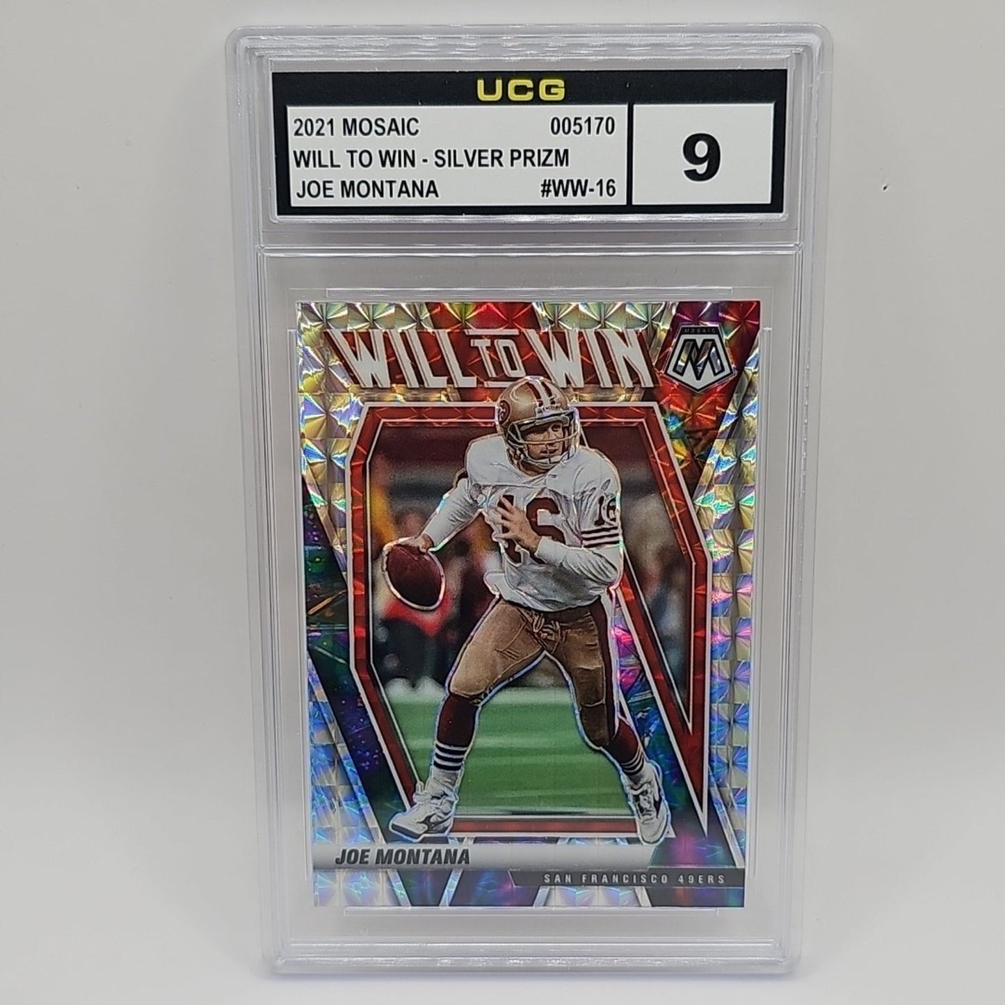 2021 Panini Mosaic - Will to Win Joe Montana #WW-16 Mosaic Prizm Graded 9 NFL