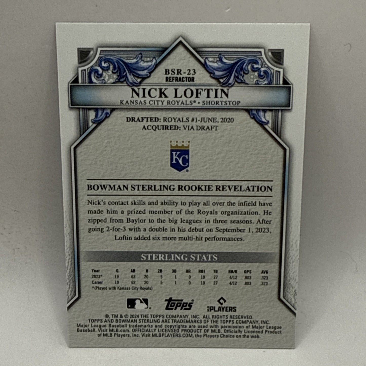 2024 Bowman Sterling Rookie Refractor /199 Nick Loftin #BSR-23 Rookie RC MLB KC