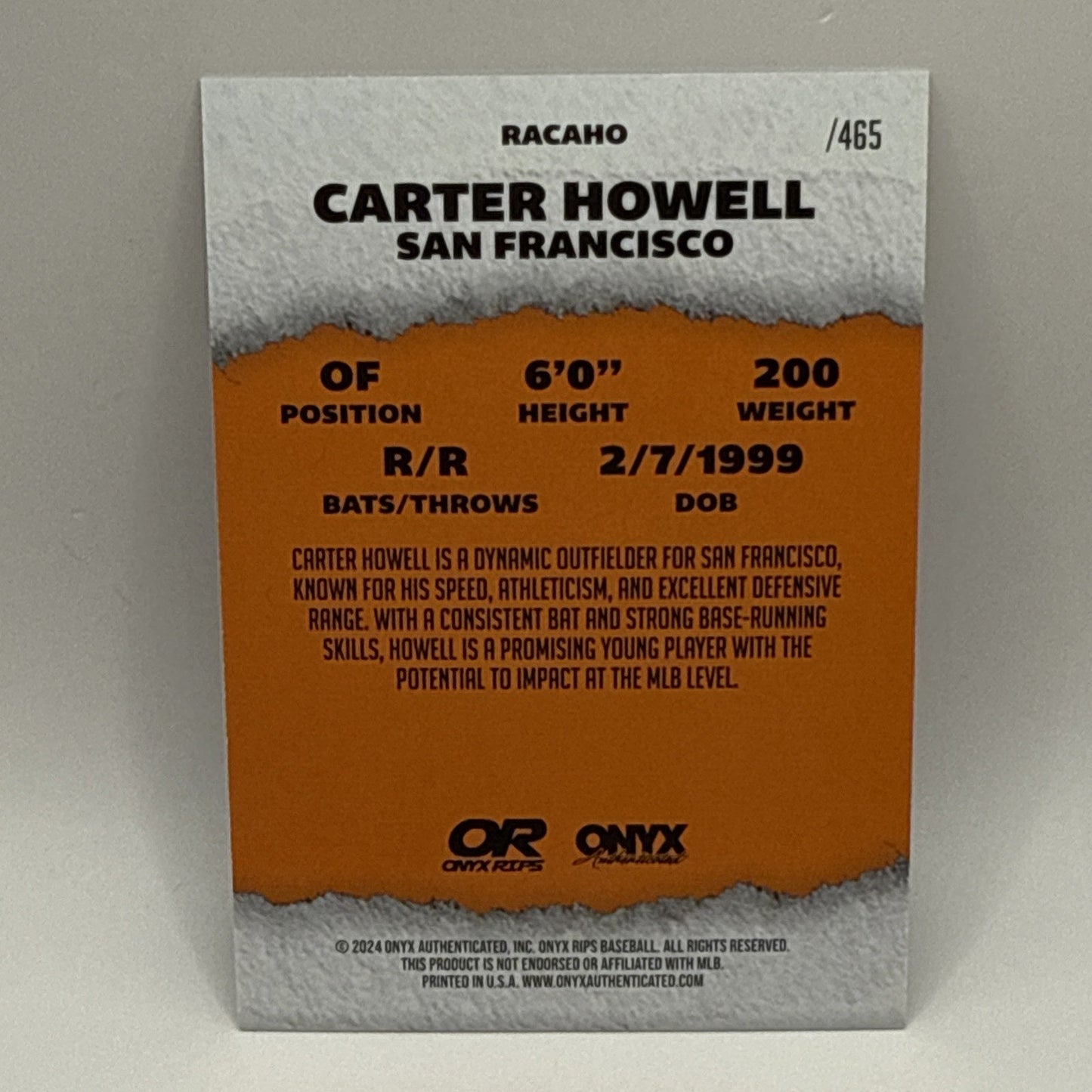 Carter Howell 2024 Onyx Rips Cracked Ice Auto Autograph #/465 #RACAHO - Giants