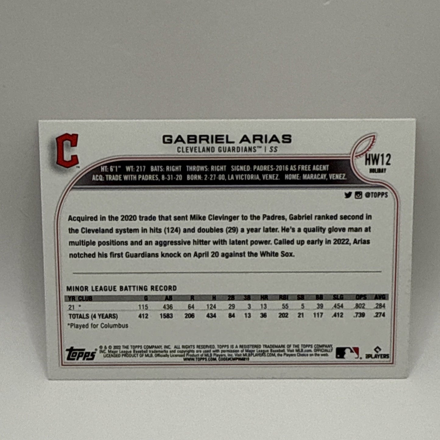 GABRIEL ARIAS RC SP Short Print Candy Cane Sleeve 2022 Topps Holiday Guardians