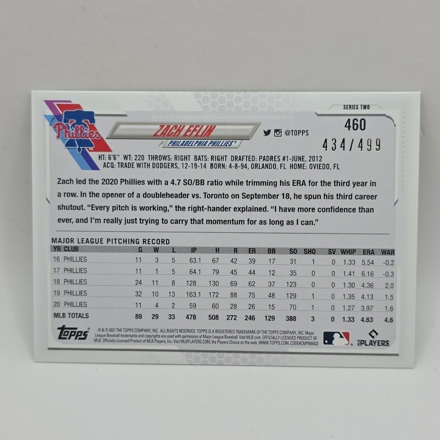 2021 Topps Series 2 - Zack Eflin - #460 Green Ice Parallel #'d /499 PHILLIES