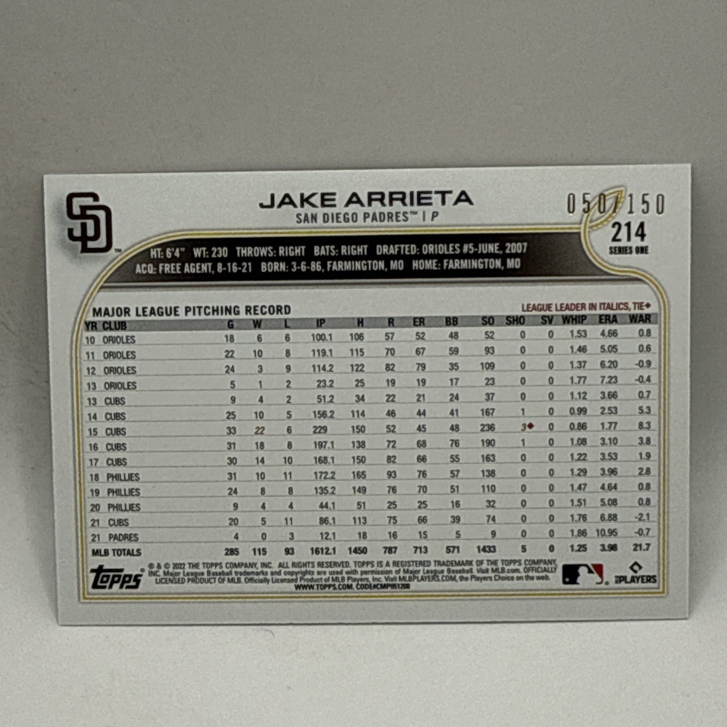 2022 Topps 1st Edition Jake Arrieta #214 Green Foil /150 San Diego Padres