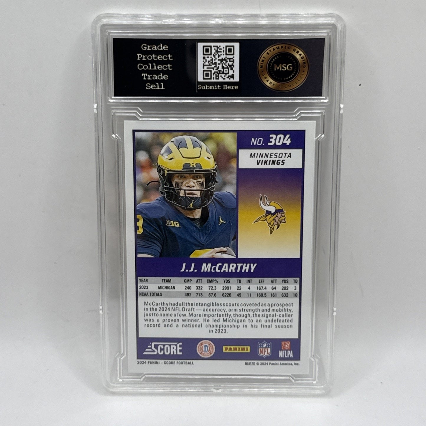 JJ CcCarthy Rookie RC Score 2024 NFL Vikings Football Card #304 Graded 9