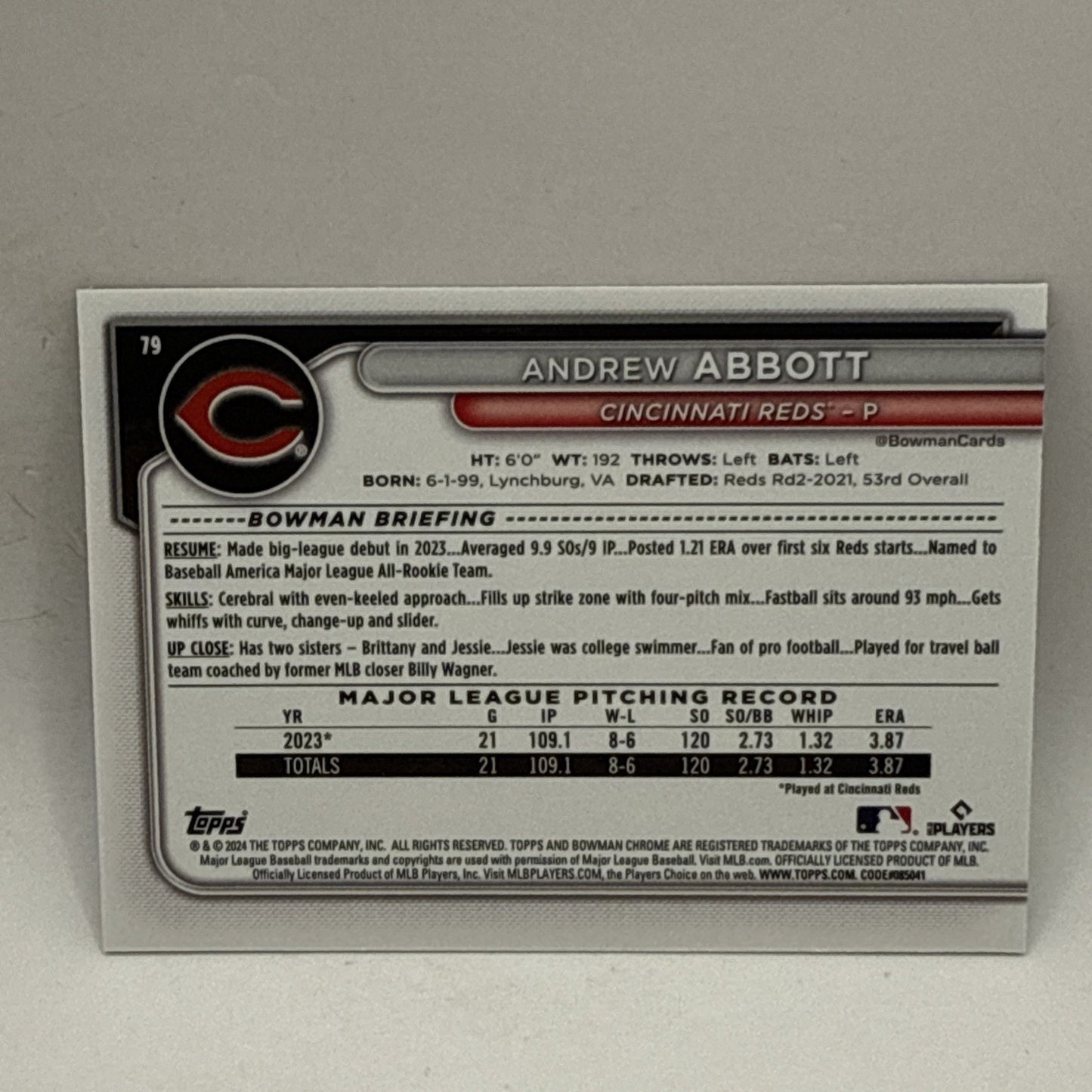 Andrew Abbott 2024 Bowman Chrome #79 Green Refractors #/99 Rookie