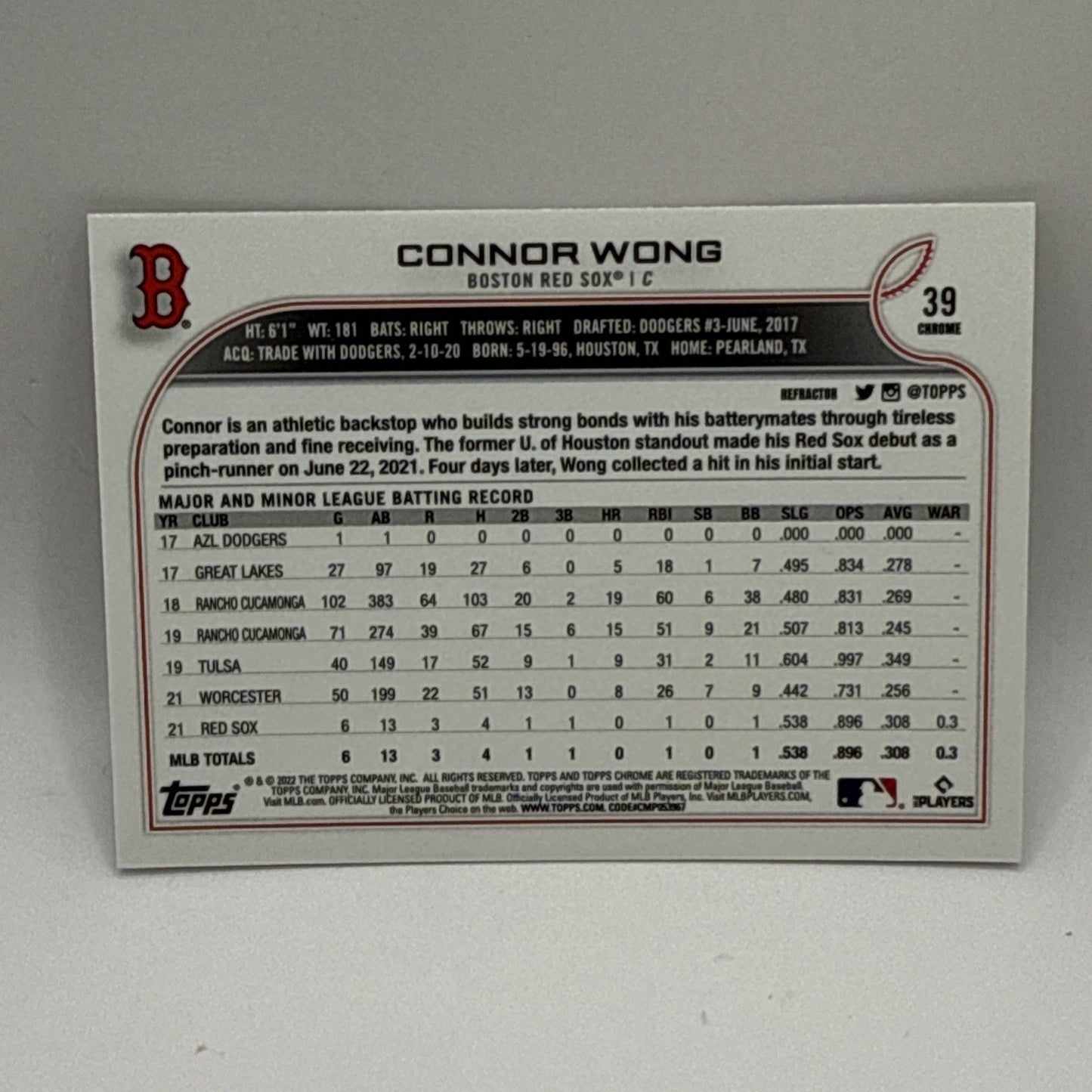 2022 Topps Chrome Connor Wong Rookie Refractor #39 Boston Red Sox RC