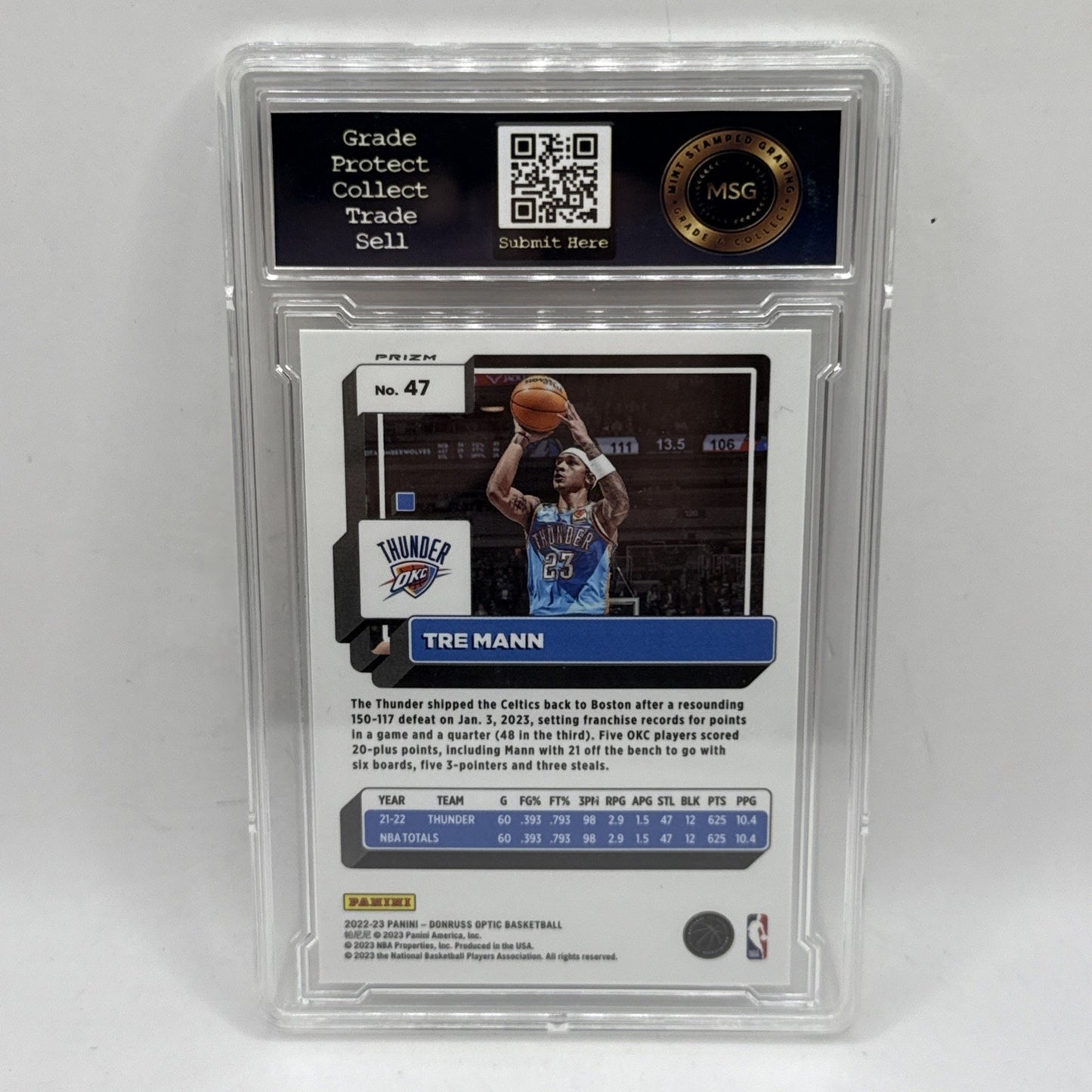 TRE MANN 2022-23 Donruss Optic Silver Prizm Oklahoma City Thunder #47 Graded 9