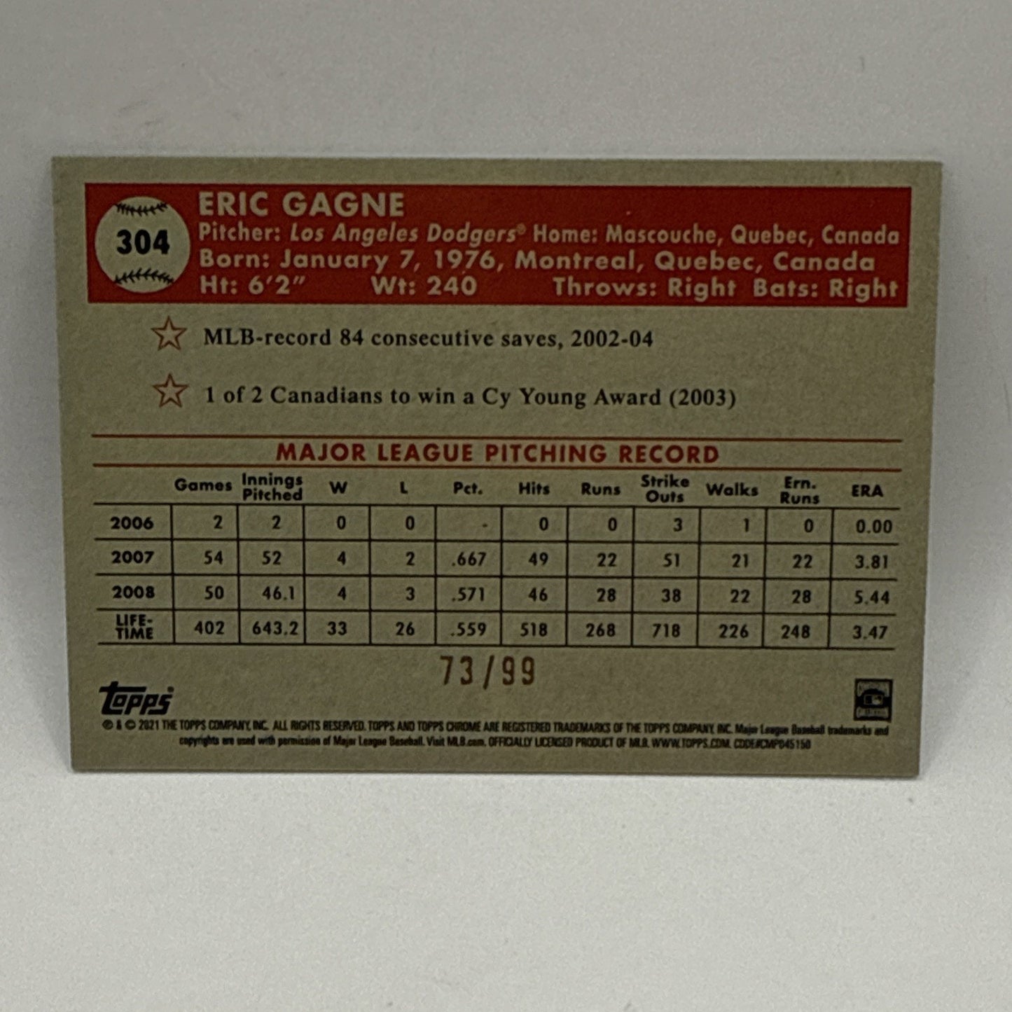 2021 Chrome Platinum Anniversary Green & Yellow 70th Refractor /99 Eric Gagne