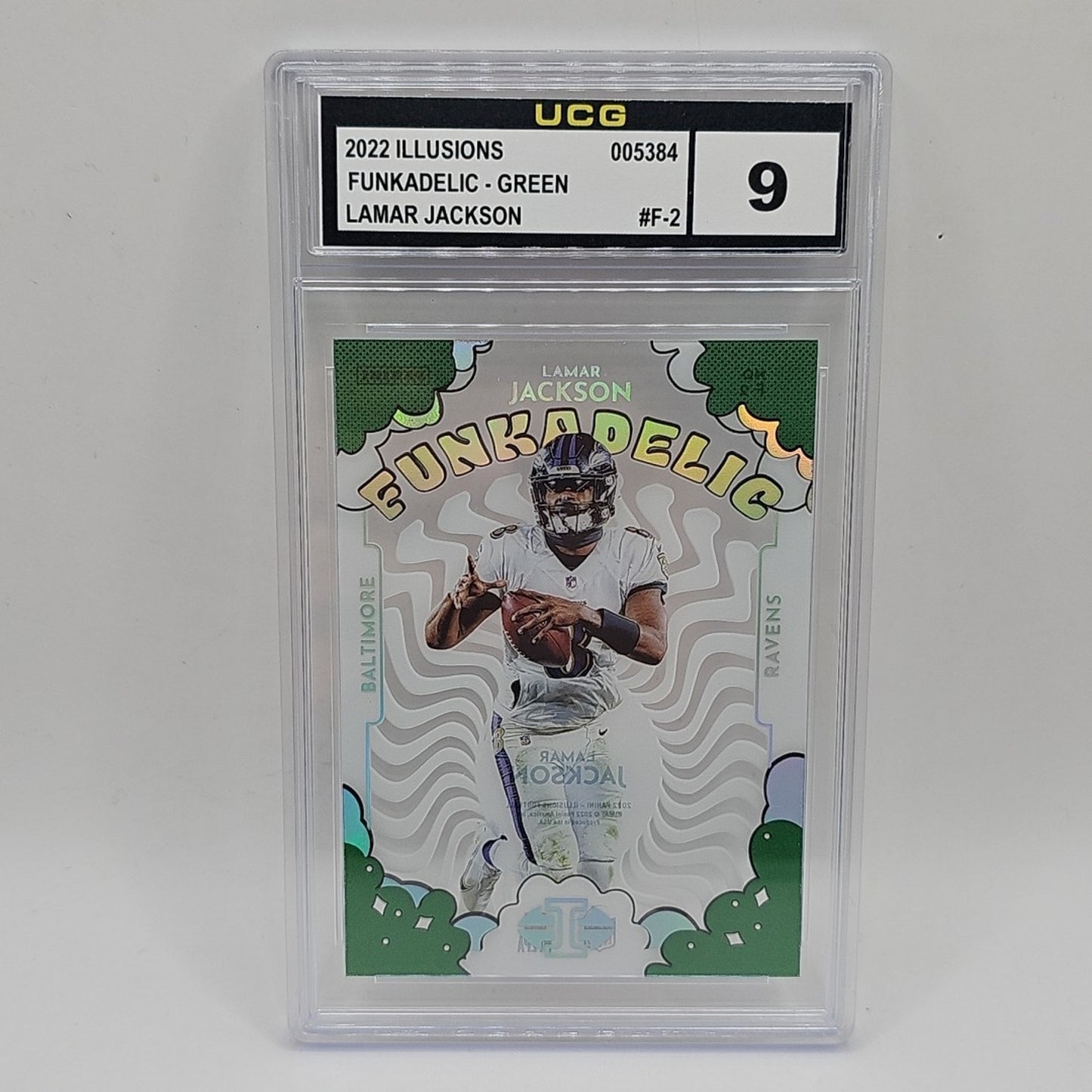 2022 Panini Illusions GREEN FUNKADELIC #F-2 LAMAR JACKSON BALTIMORE Graded 9