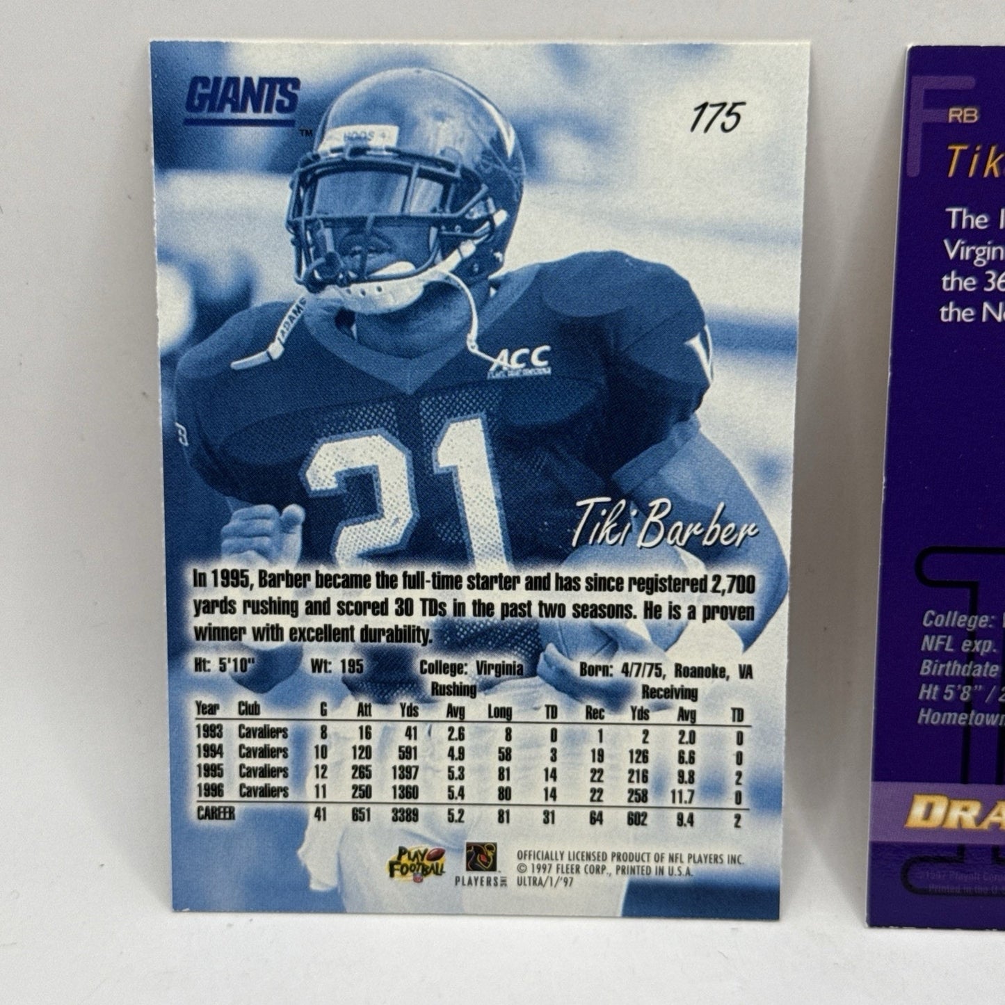 1997 Fleer Ultra Football Tiki Barber RC #175 Vintage NFL Trading Cards