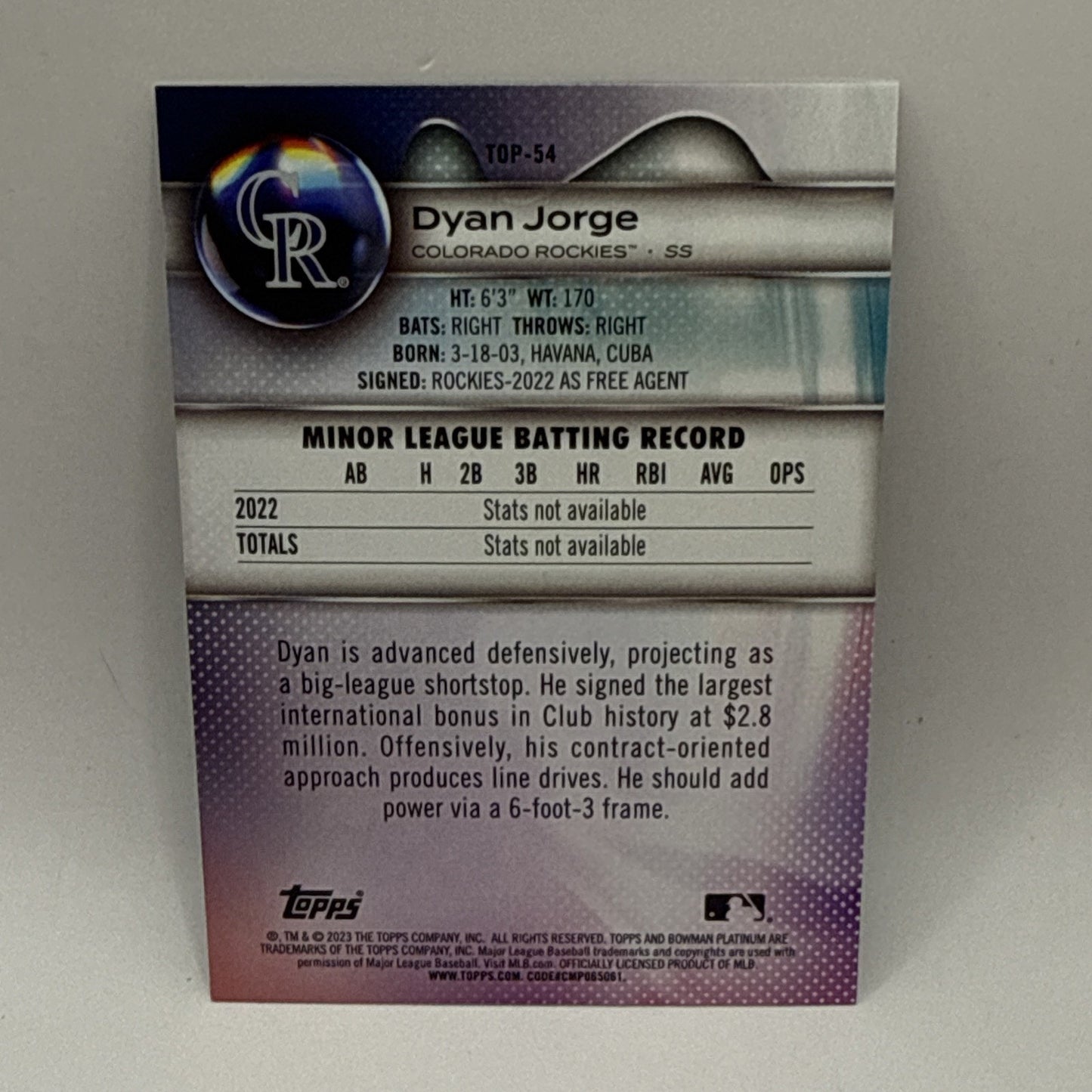 2023 Bowman Platinum #TOP-54 Dyan Jorge Top Prospects - MLB Rockies