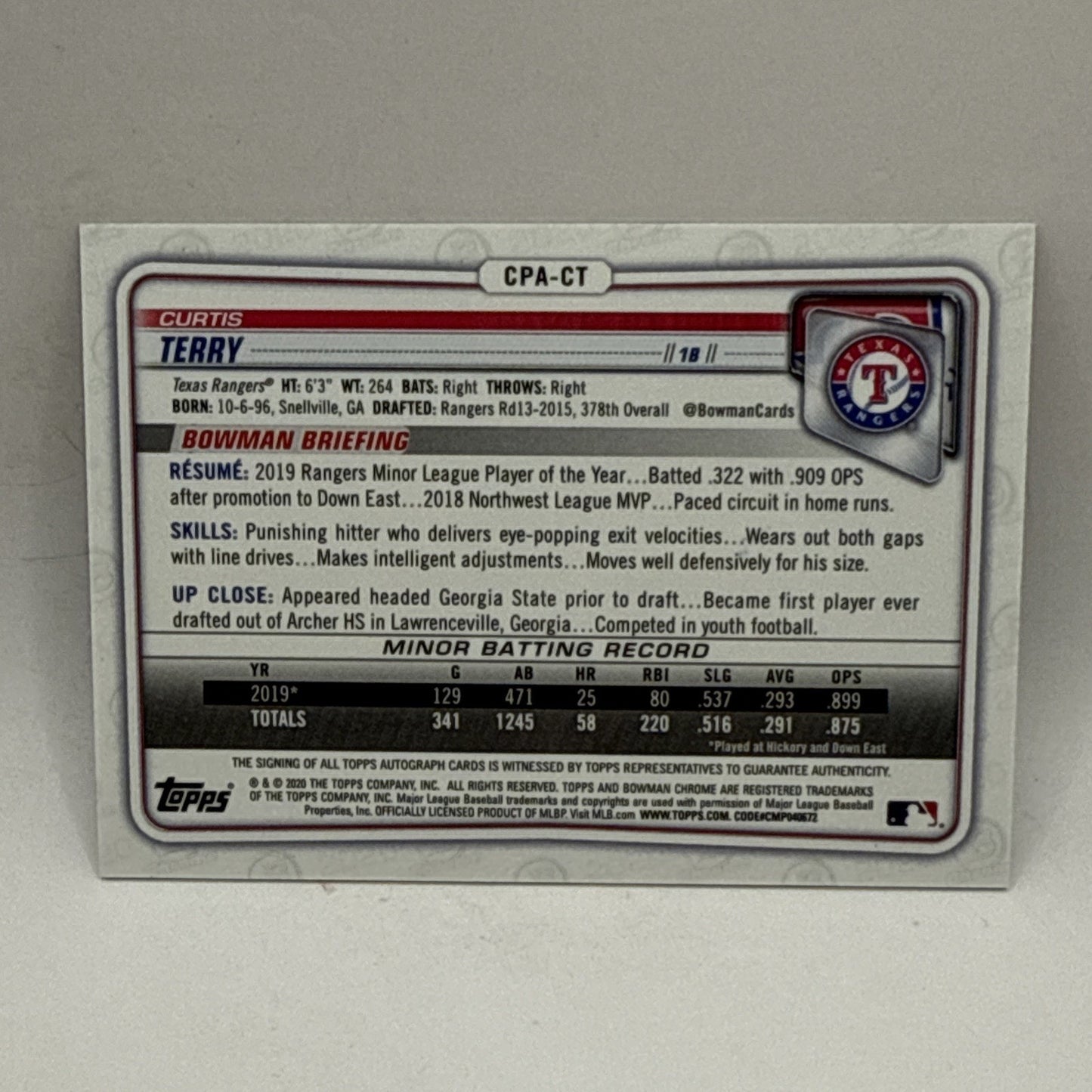 2020 Bowman Chrome Curtis Terry 1st Prospect Auto Autograph #CPA-CT Rangers MLB