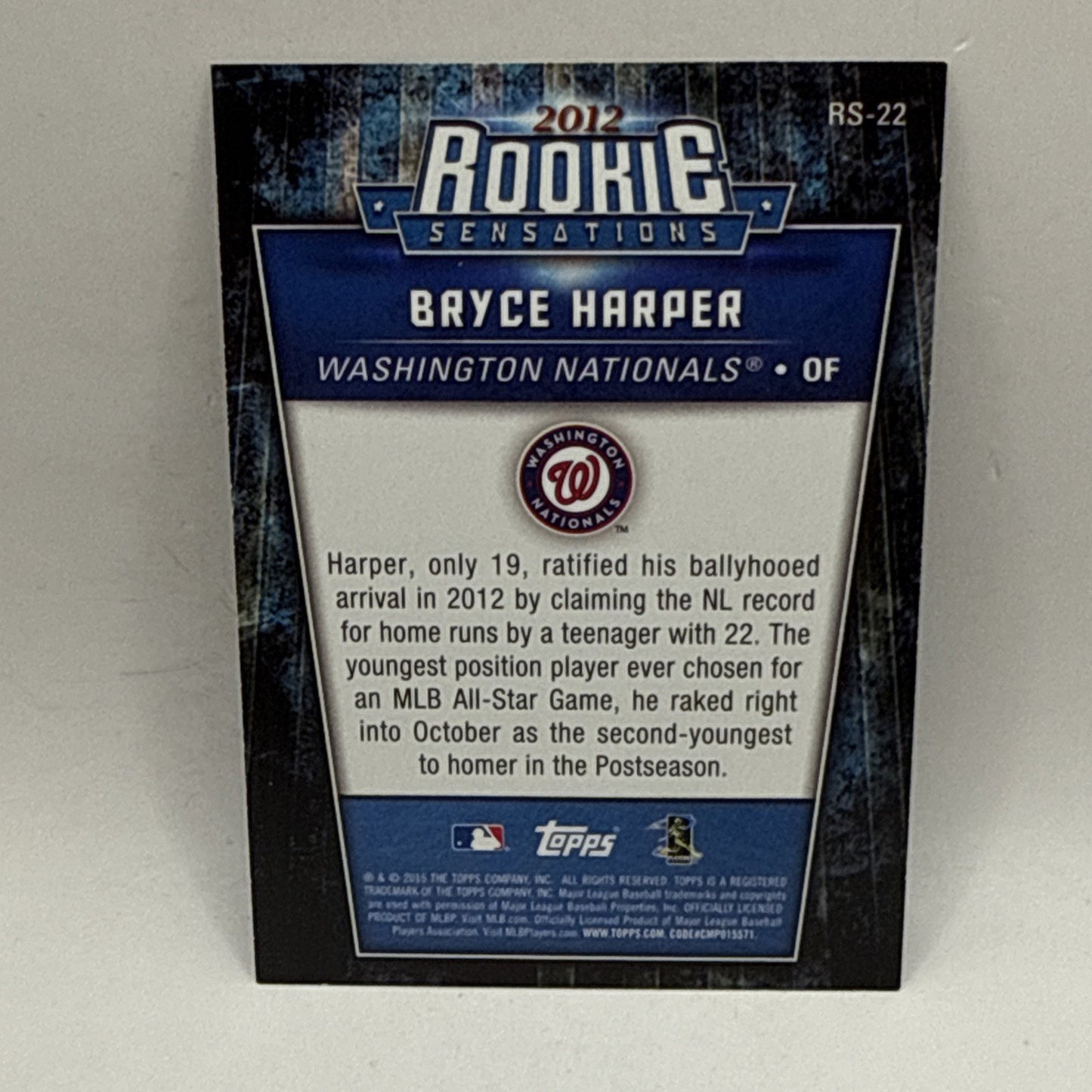 2015 Topps Update Bryce Harper 2012 Rookie Sensations Insert #RS-22 Nationals