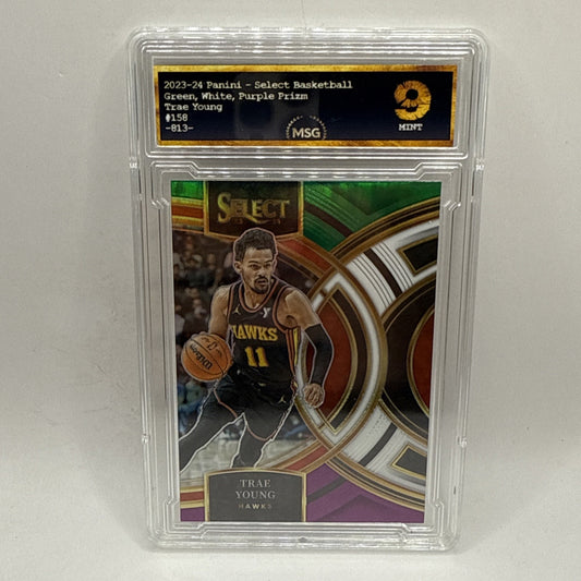 Trae Young Green White Purple Prizm 2023-24 Select NBA Premier Level #158 Graded