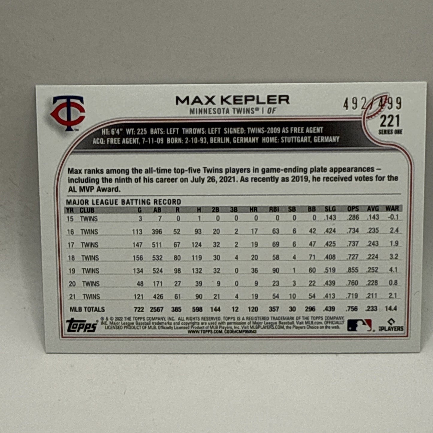 2022 Topps Series One Green Foil Max Kepler /499 Minnesota Twins B-15 MLB