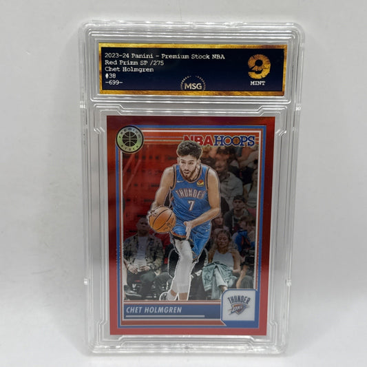 2023-24 NBA Hoops Premium Prizm Red 256/275 Chet Holmgren #38 Graded 9 Mint OKC
