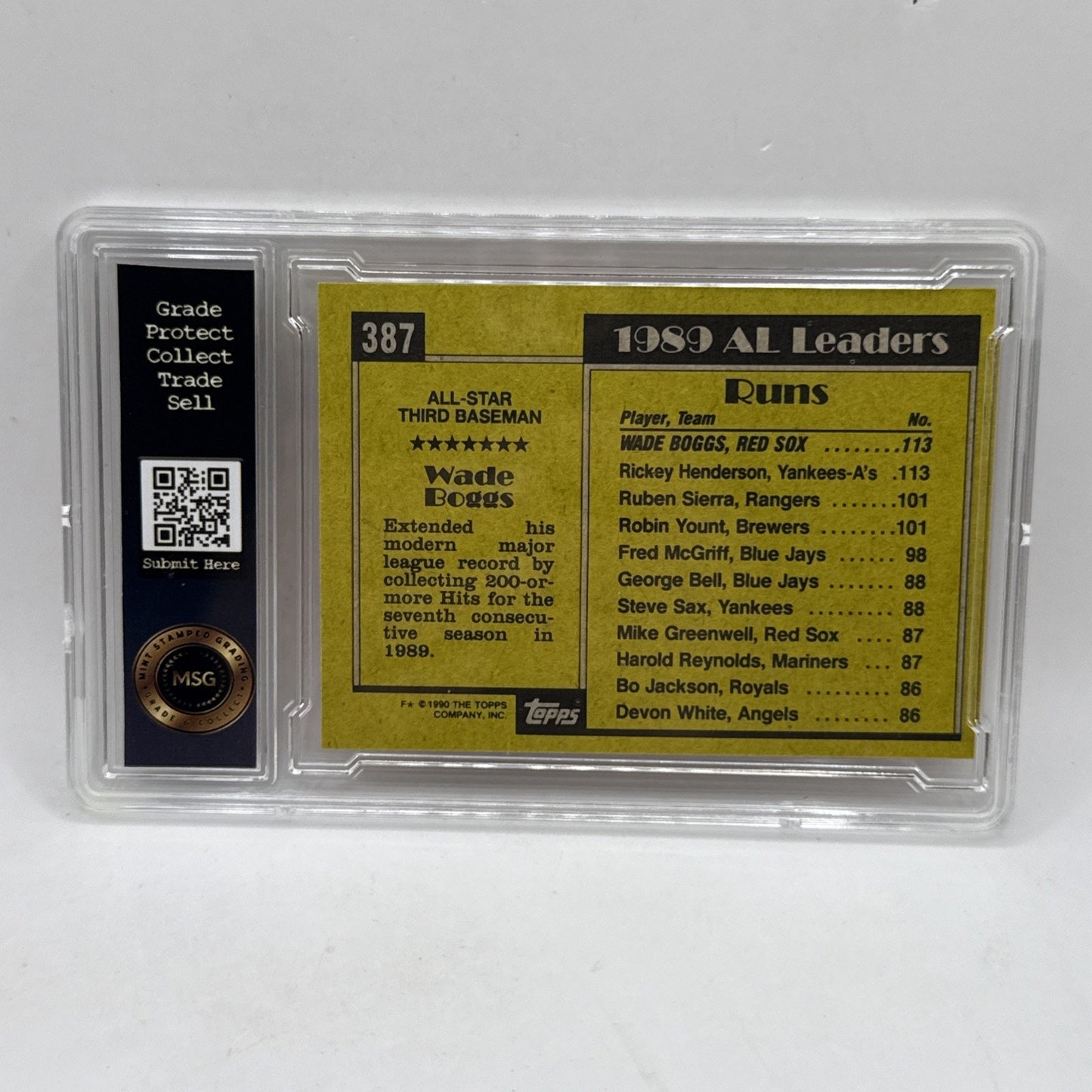 Wade Boggs 1990 Topps HOF All-Star Game Boston Red Sox Baseball Card #387 Graded
