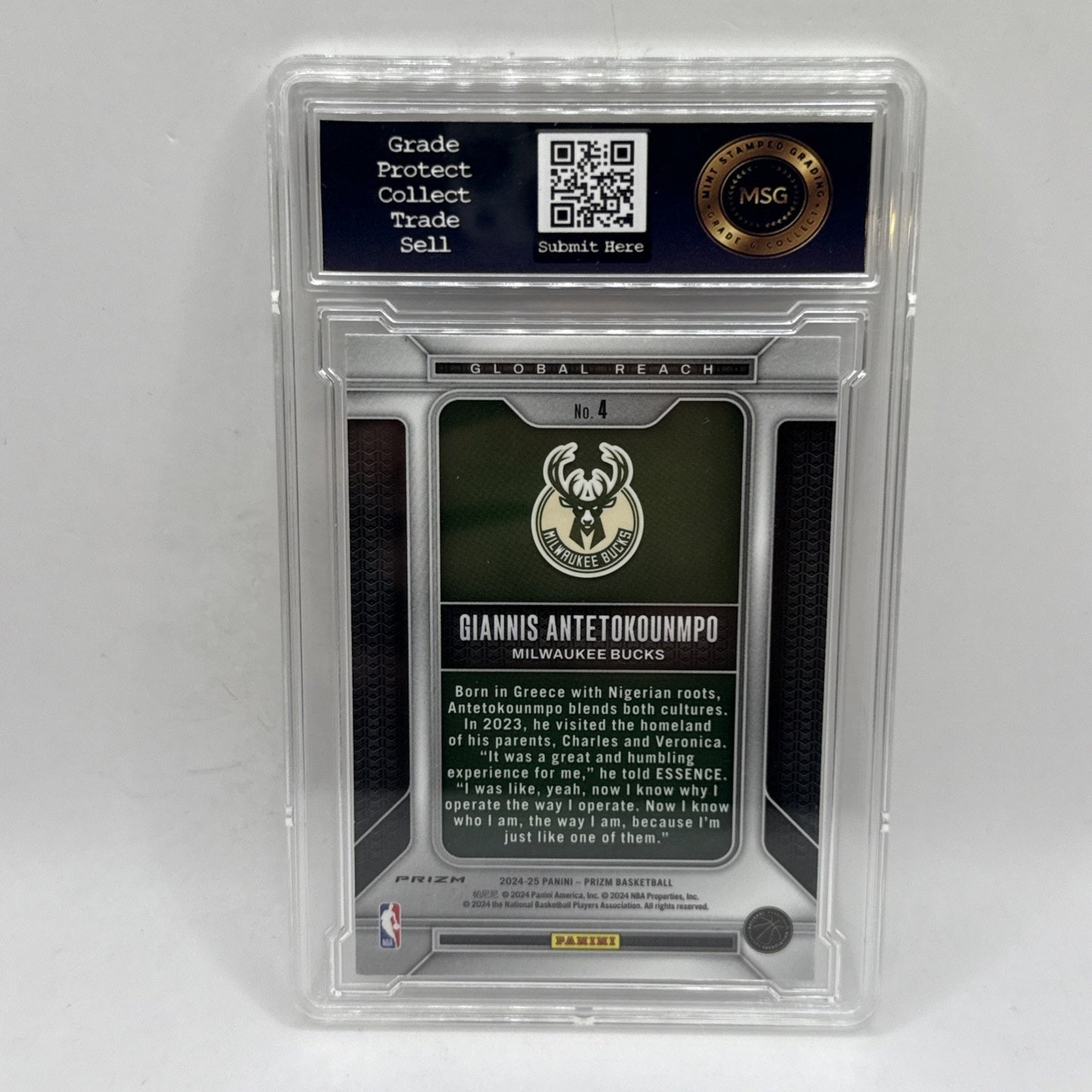 2024-25 Panini Prizm Giannis Antetokounmpo Global Reach Silver Prizm #4 Graded 9