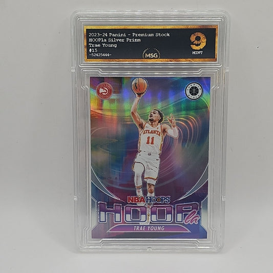 Trae Young Hoopla 2023-24 Panini NBA Hoops Premium Stock #15 Silver Graded 9