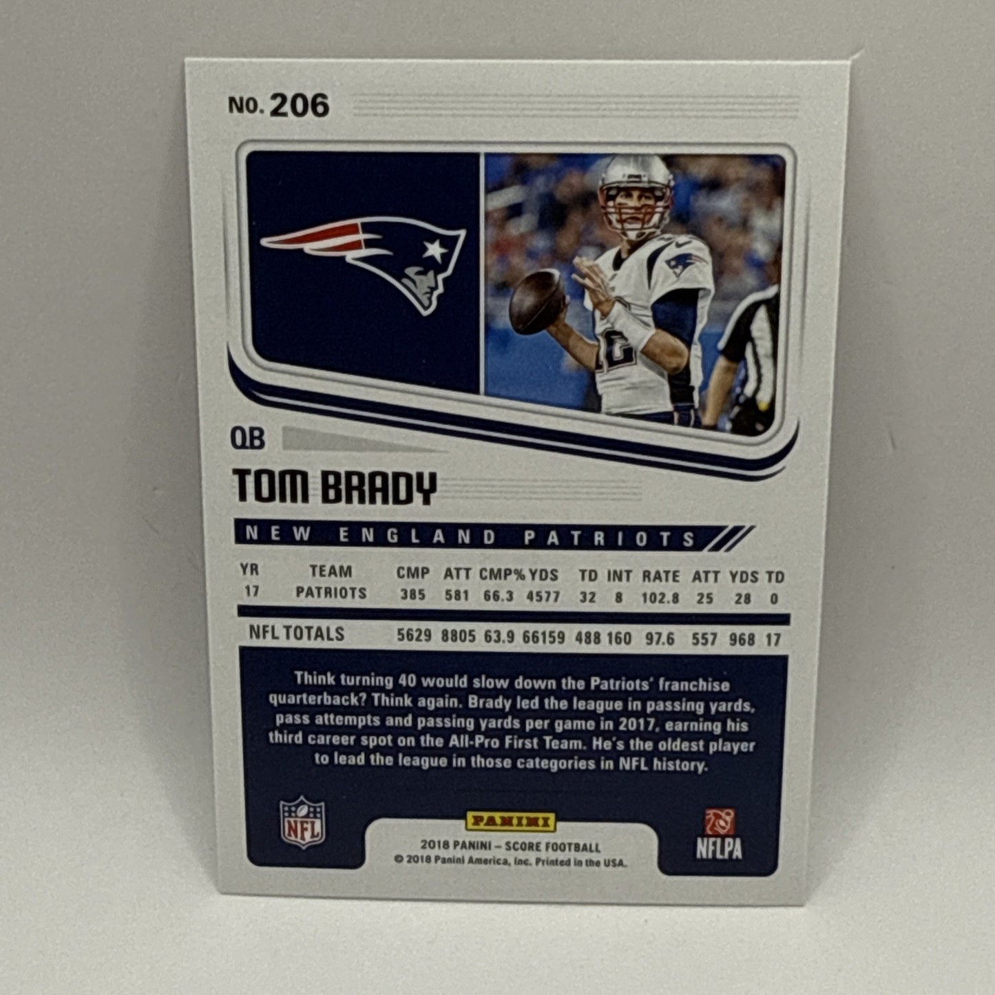 2018 Score Tom Brady Base Card #206 HOF QB THE GOAT! MVP
