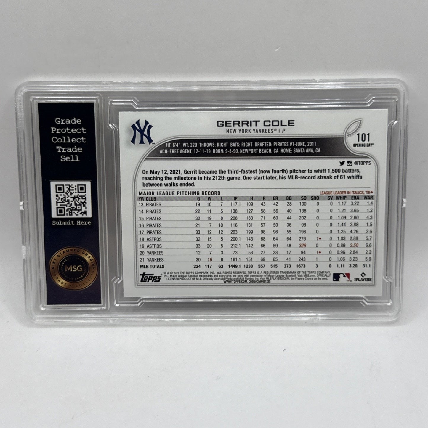 2022 Topps Opening Day #101 Gerrit Cole Blue Foil Graded 9 MLB Card