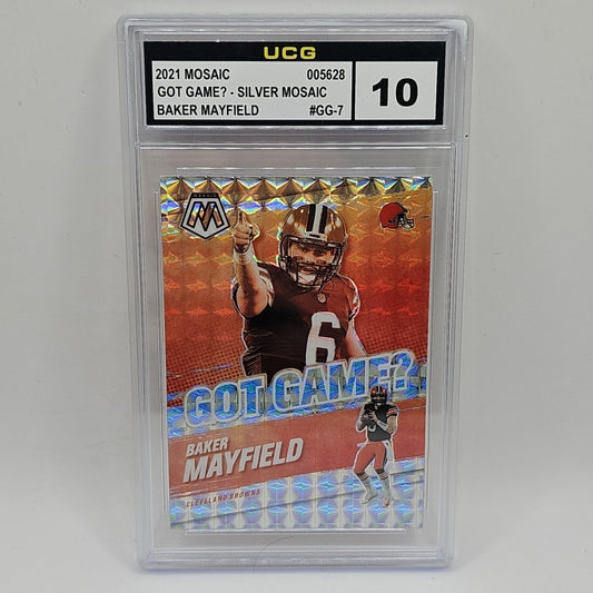 2021 Panini Mosaic Baker Mayfield Got Game? Silver Mosaic GG-7 Graded 10 NFL