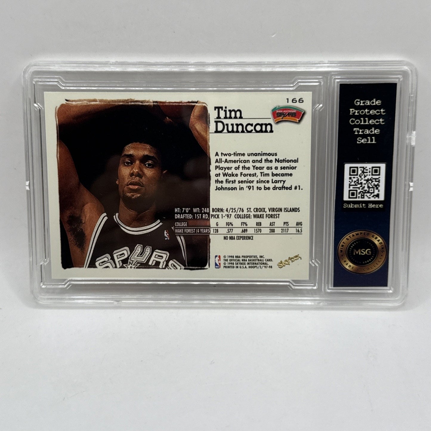 1997 Hoops #166 TIM DUNCAN Rookie NBA San Antonio Spurs Graded 7 NM Vintage