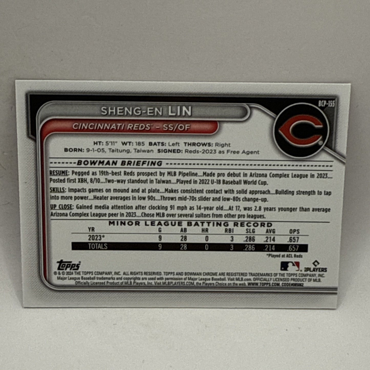 2024 Bowman Chrome Sheng-En Lin Pink 1st Chrome /199 MLB Cincinnati Reds