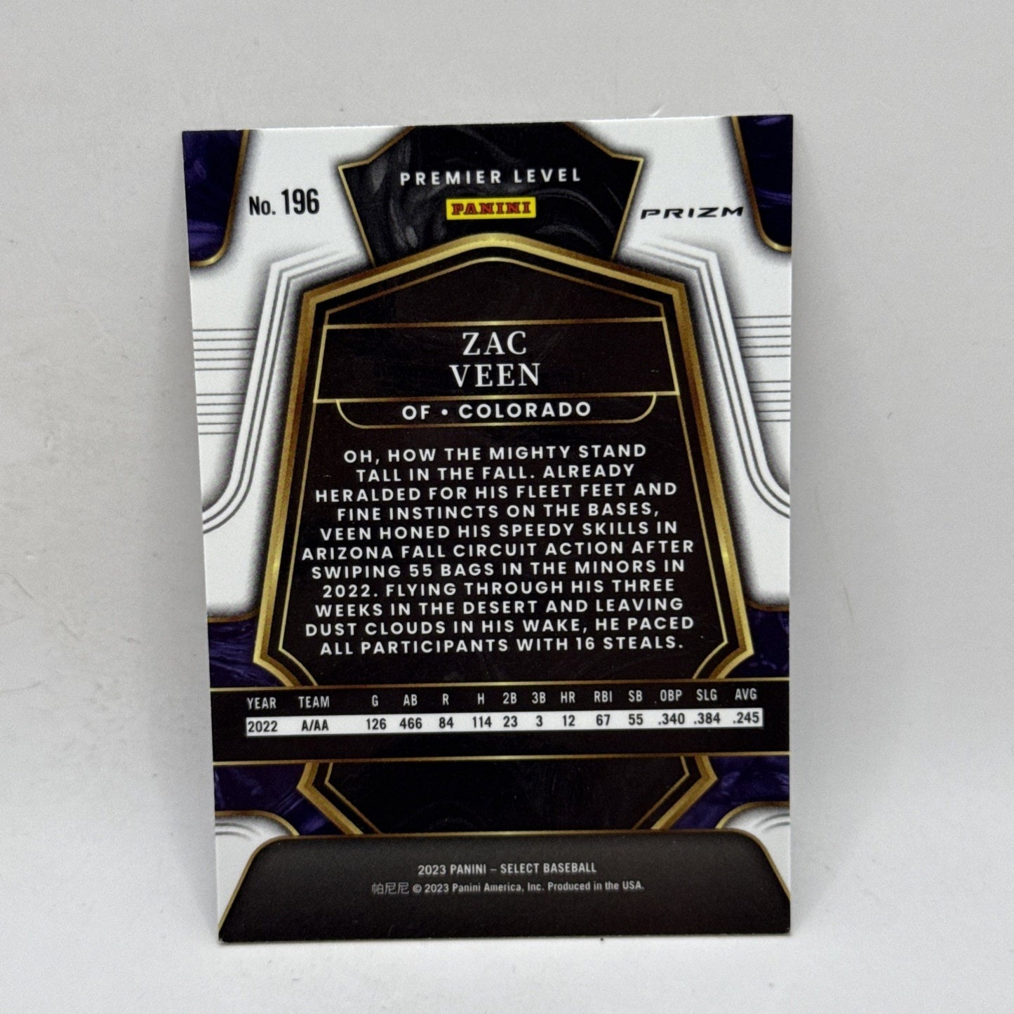 2023 Panini Select Premier Level Tri-Color Prizm Zac Veen #196 MLB Colorado