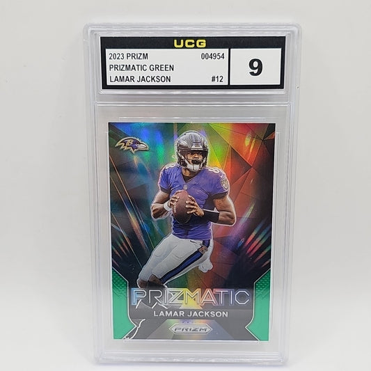 2023 Panini Prizm Prizmatic Green Prizm Lamar Jackson #12 Graded 9 NFL Card