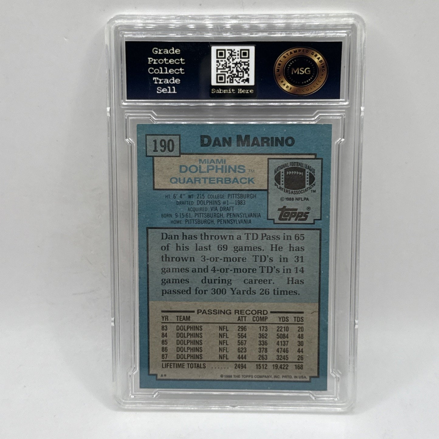 1988 Topps - Dan Marino #190 Miami Dolphins Graded 4 NFL Vintage Football Card