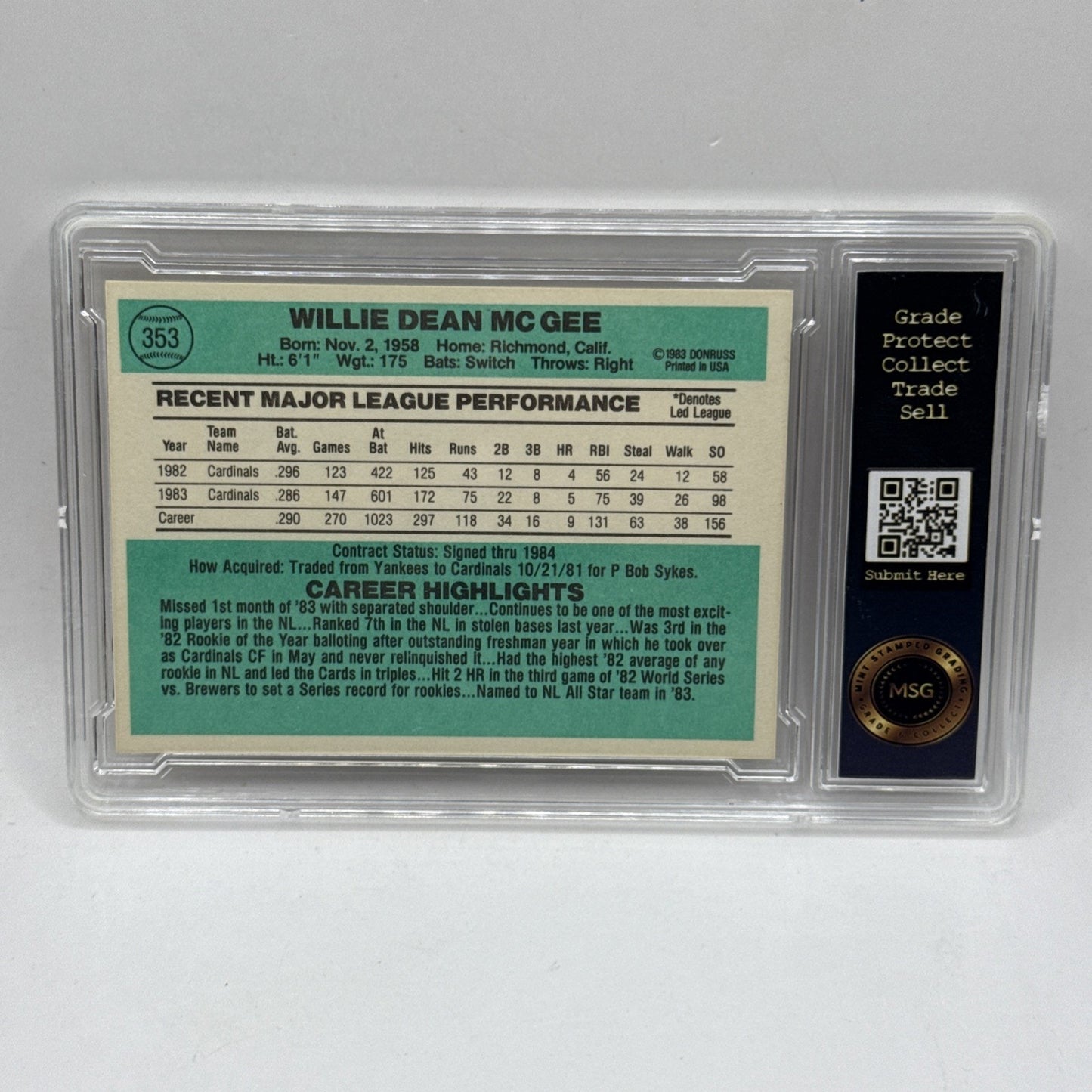 1984 Donruss - #353 Willie Dean McGee Outfield MLB Baseball Card Graded 8