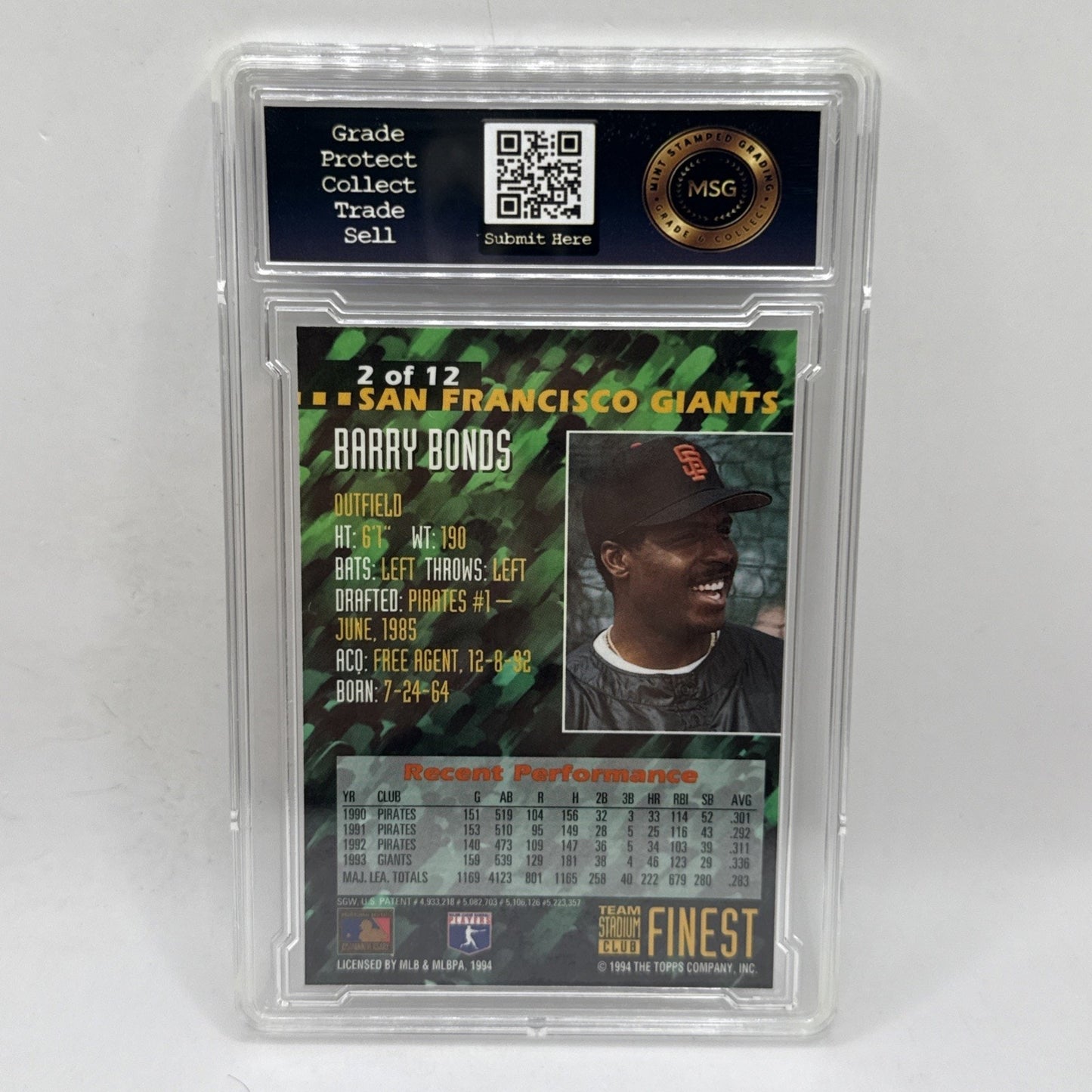 1994 Topps Finest Team Stadium Club 2 of 12 Barry Bonds SF Giants Graded 7 MLB