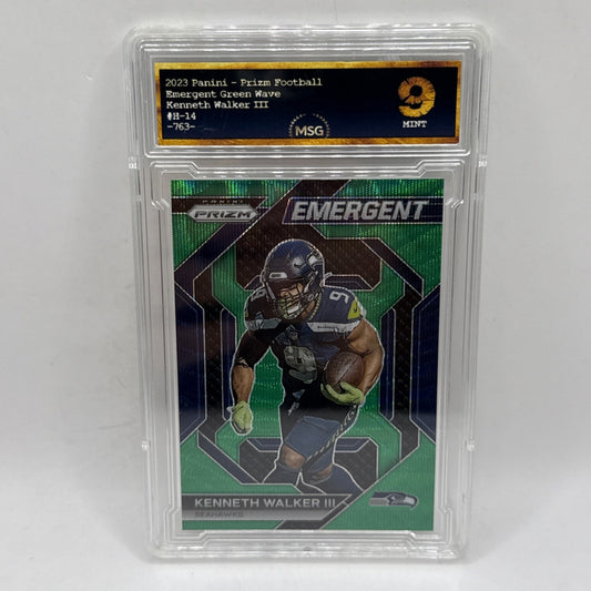 2023 Panini Prizm Kenneth Walker III Emergent Prizms Green Wave #H-14 Graded 9