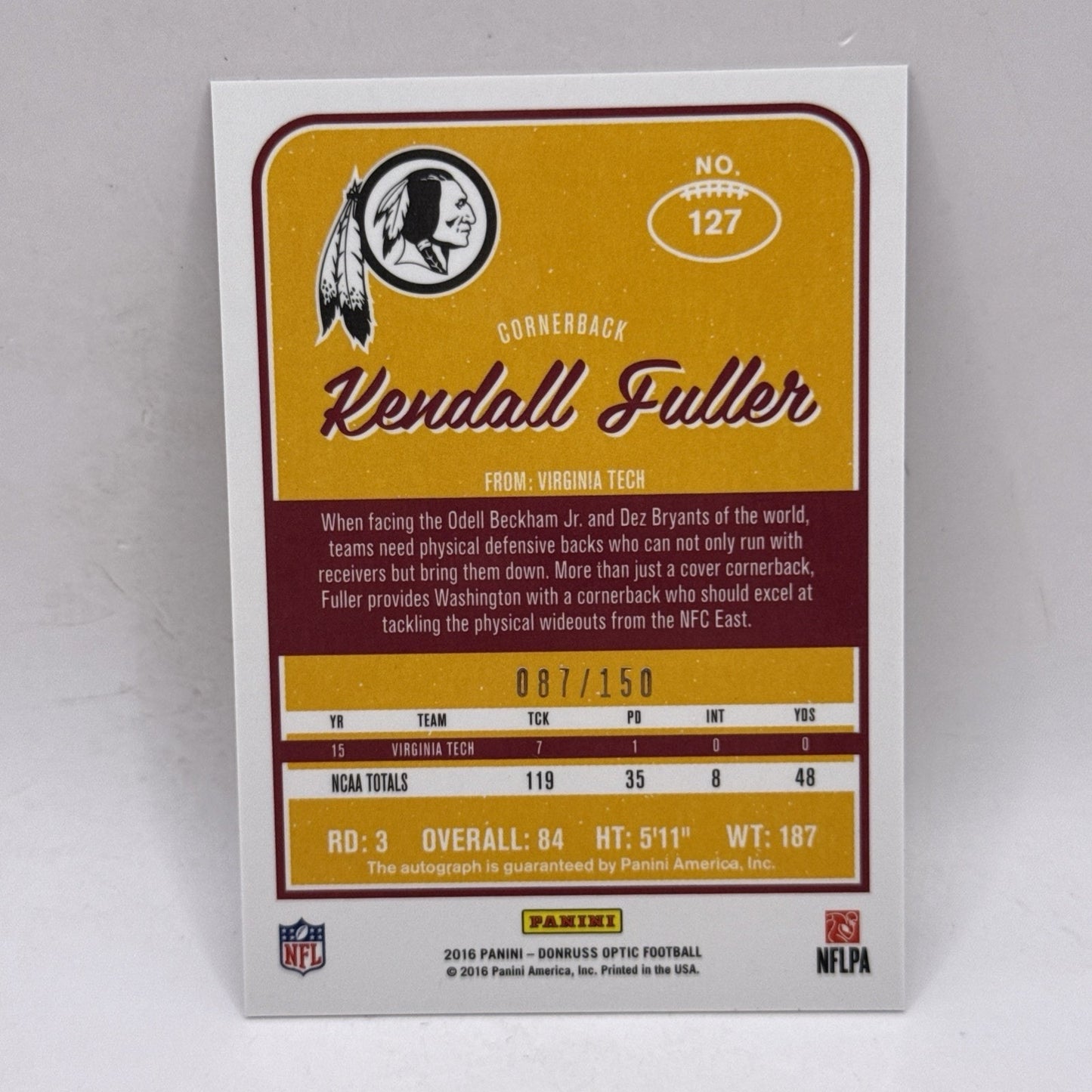 2016 Donruss Optic Kendall Fuller RC Washington Redskins #127 SP /150 Auto NFL