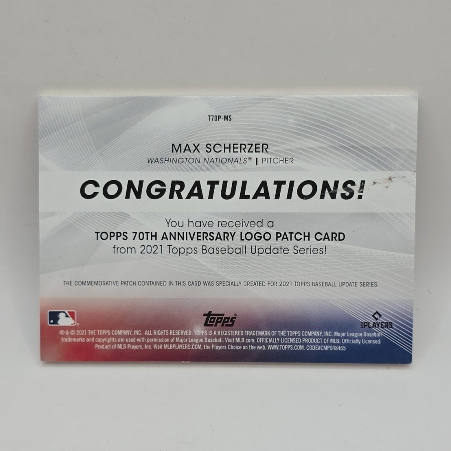2021 Update Topps 70th Anniversary Manufactured Logo Max Scherzer #T70P-MS Patch